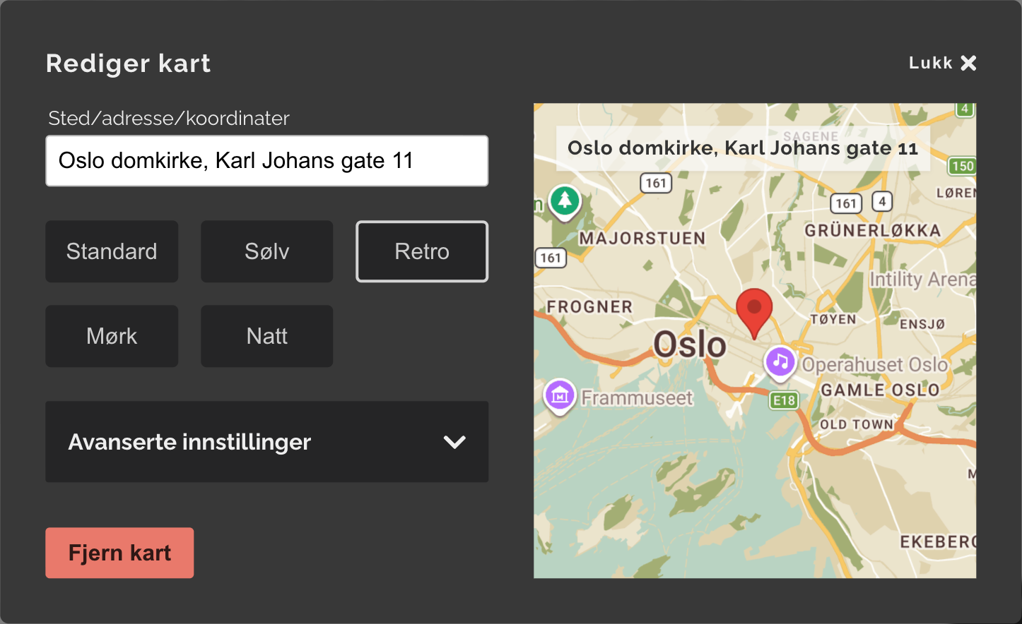 Dialogboks for å endre kartmodulen