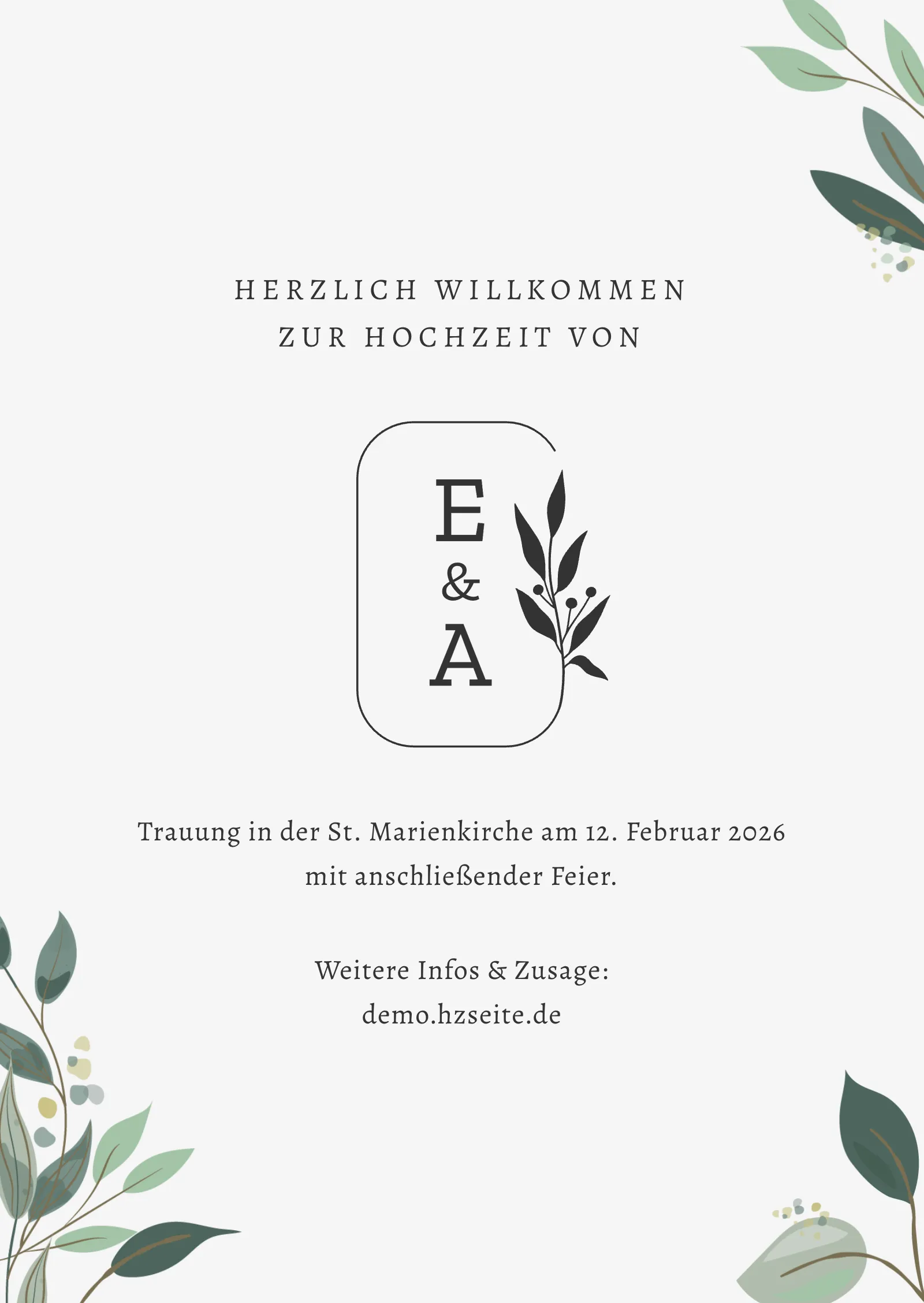 Hochzeitseinladung - Grüne Blätter und Emblem