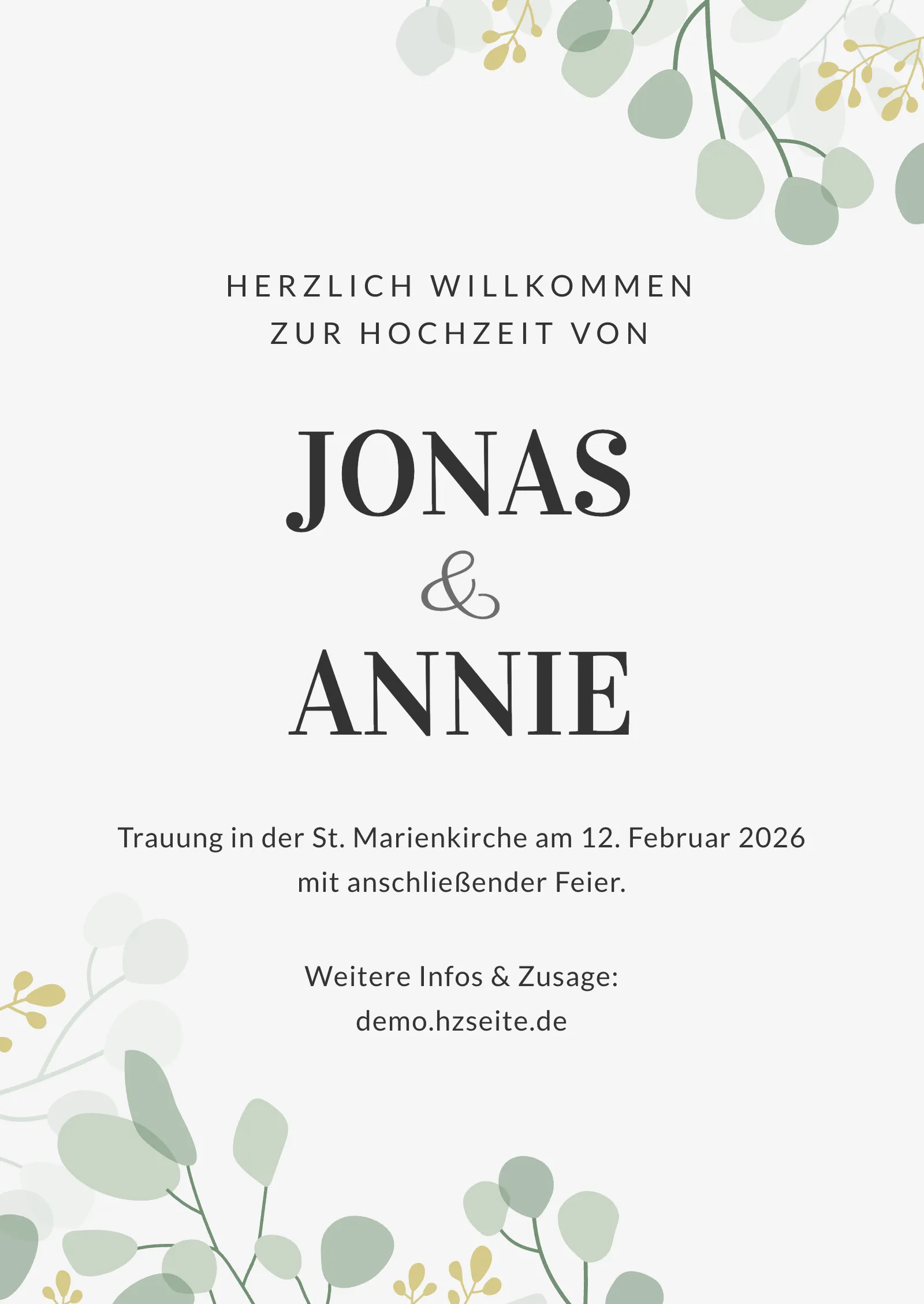 Hochzeitseinladung - Weißer Hintergrund mit grünen Blättern