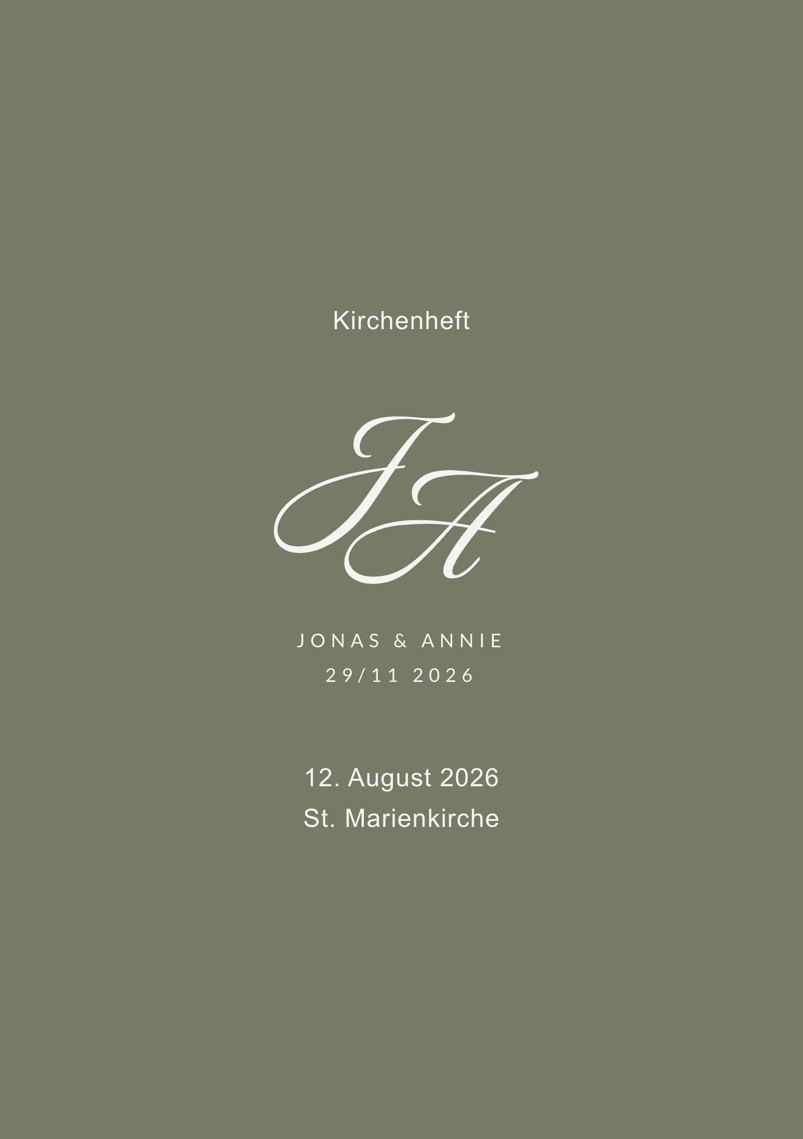 Kirchenheft zur Hochzeit - grün mit Monogramm