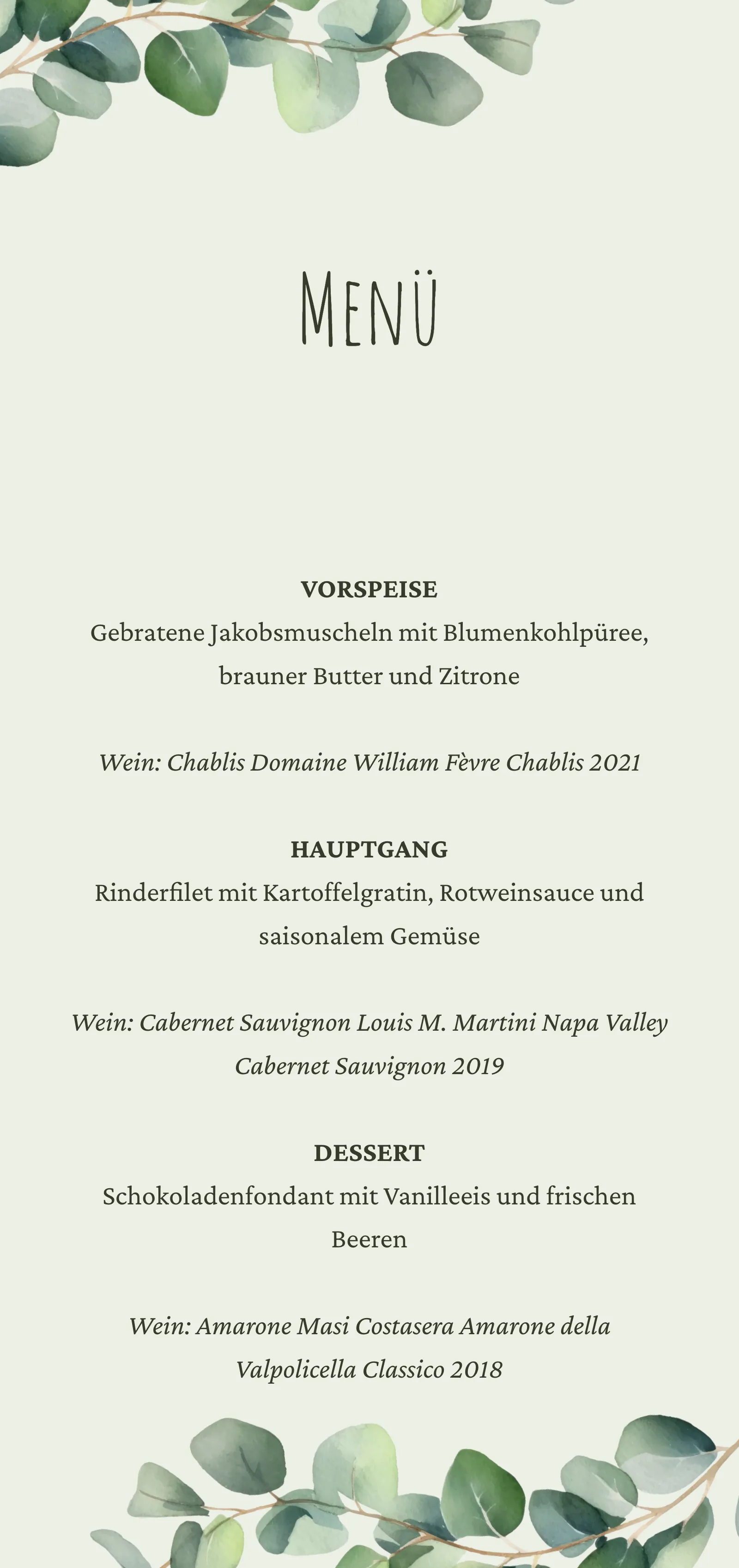 Menükarte zur Hochzeit - Eucalyptus