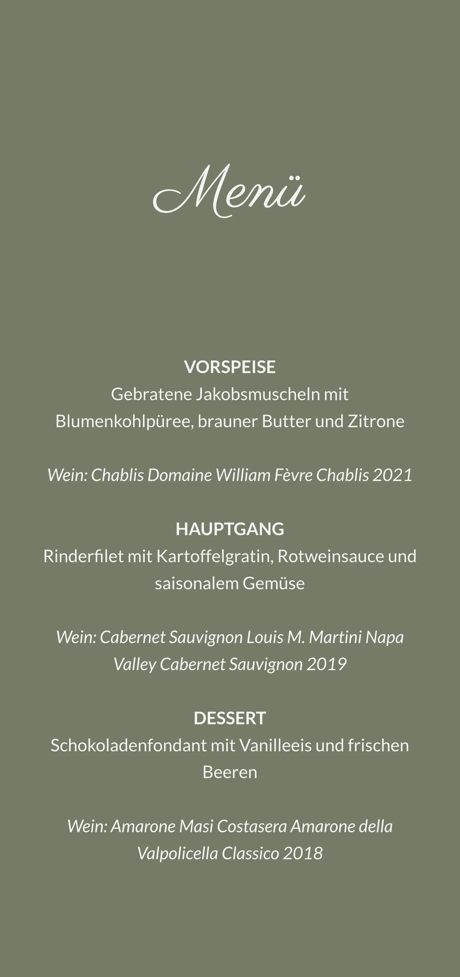 Menükarte zur Hochzeit - Moss