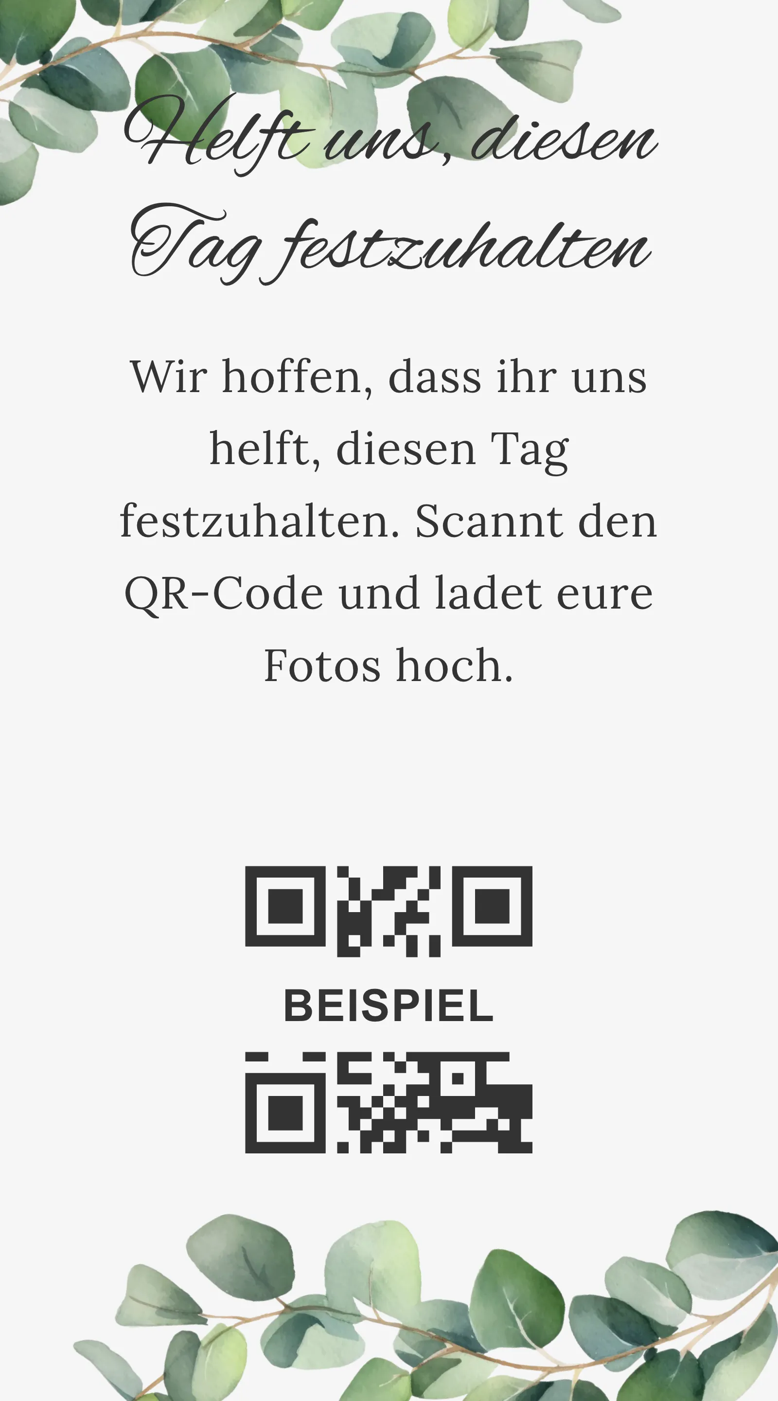 QR-Karte für Gästefotos - Stilvoll und hell mit Eukalyptusblättern