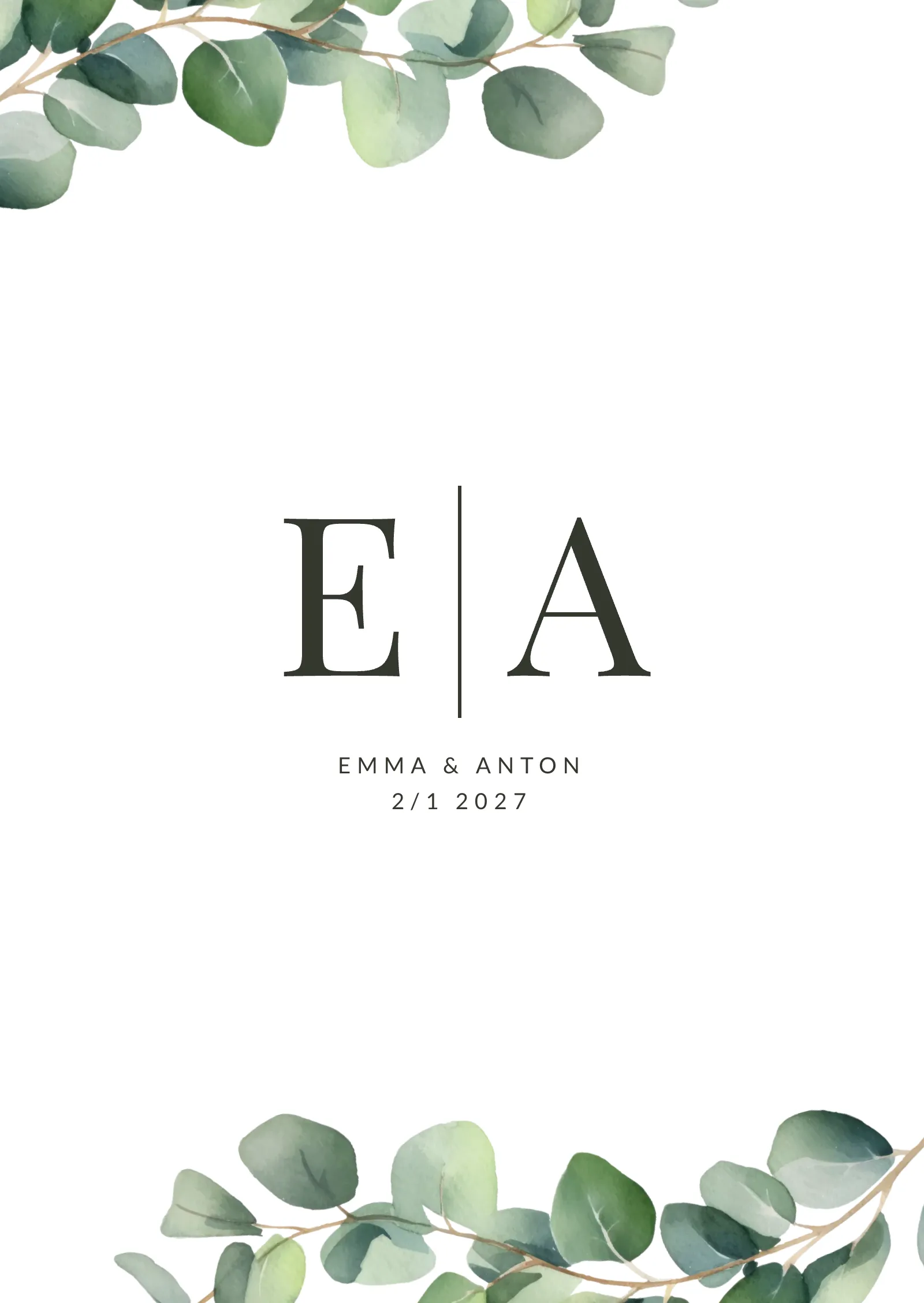 Save-the-Date-Karte - Eukalyptusblätter und Monogramm