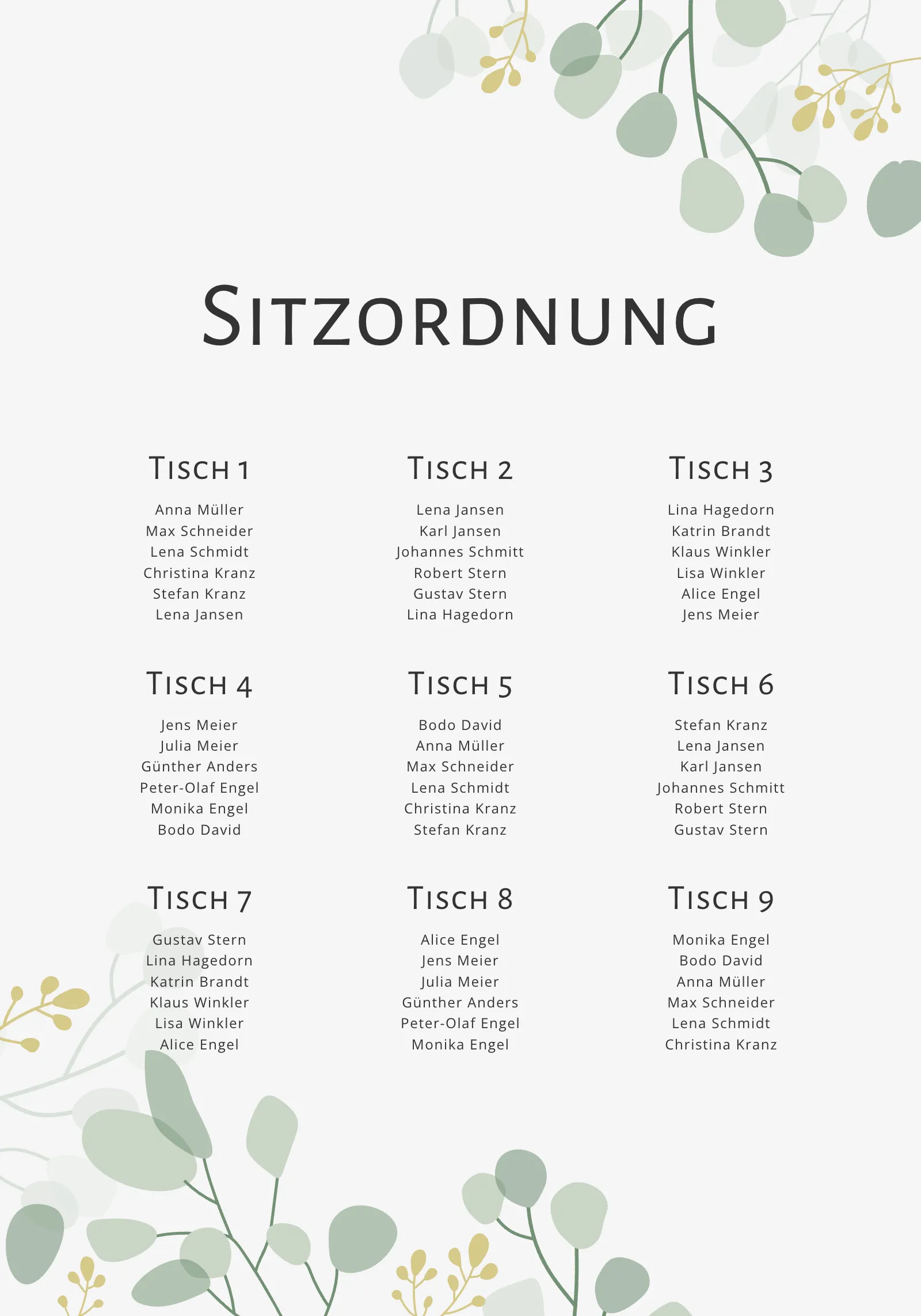 Sitzplan zur Hochzeit mit Tischen und Namen der Gäste