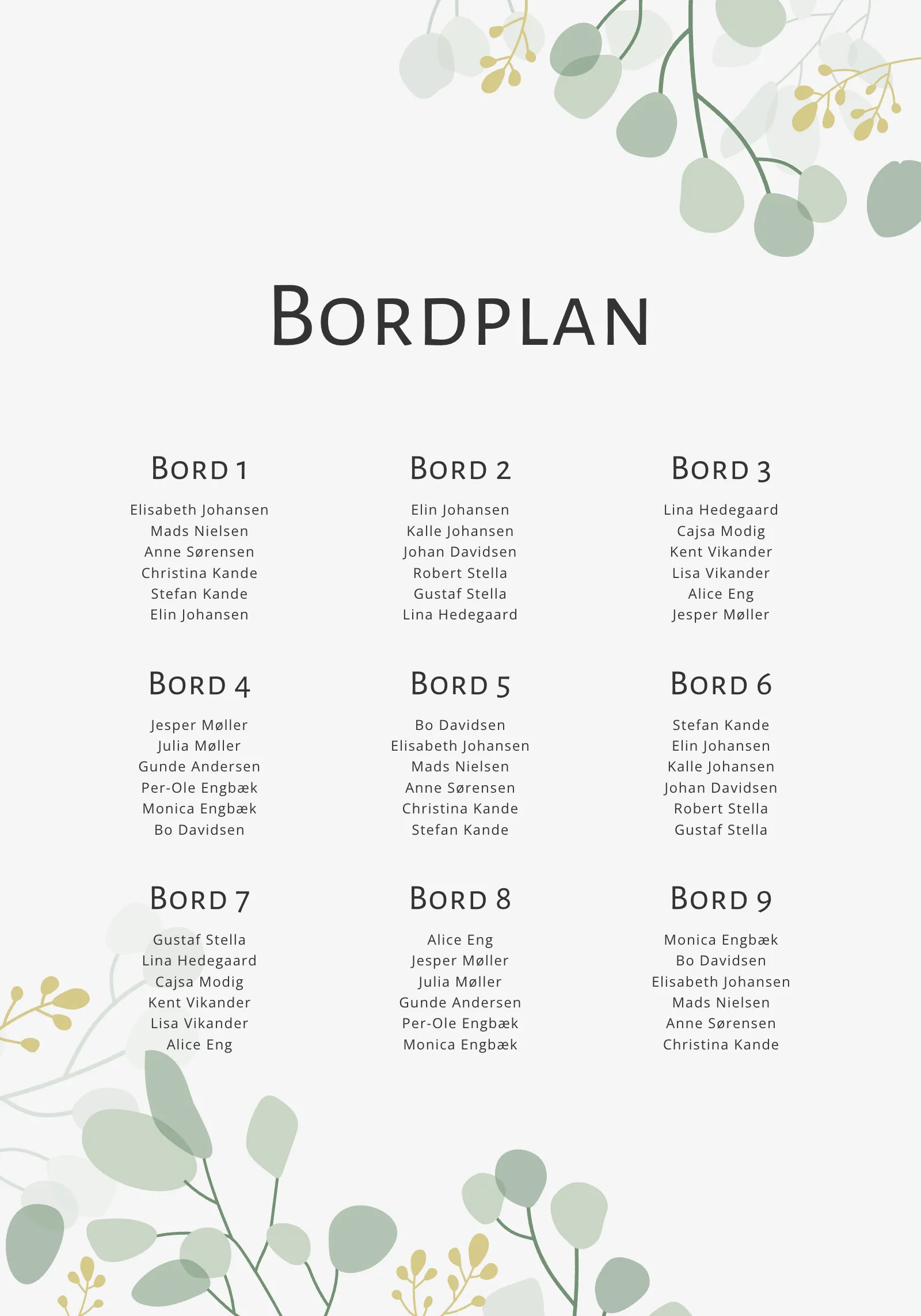 Bordplan til bryllup med borde og gæsternes navne