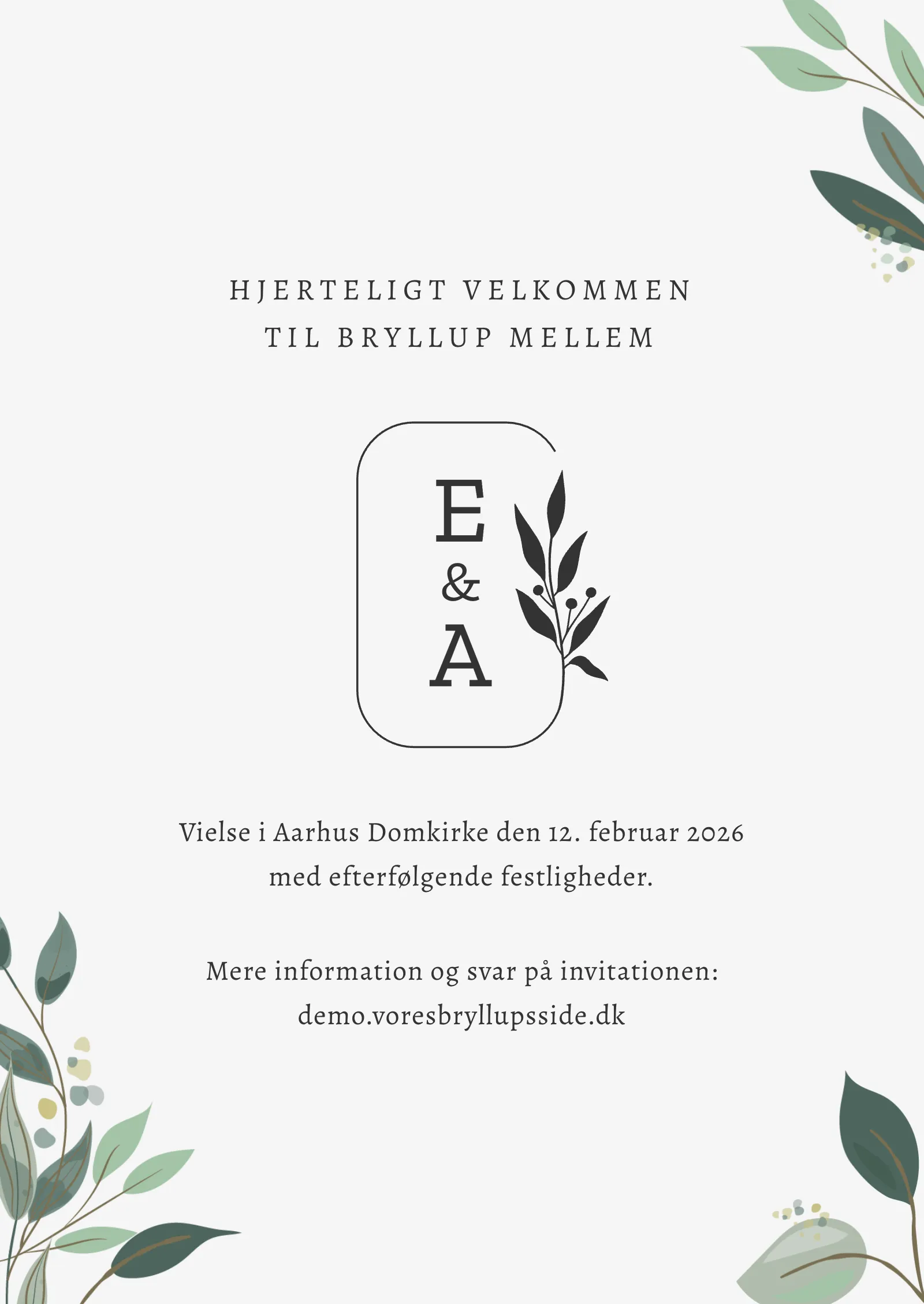 Bryllupsinvitation - Grønne blade og emblem