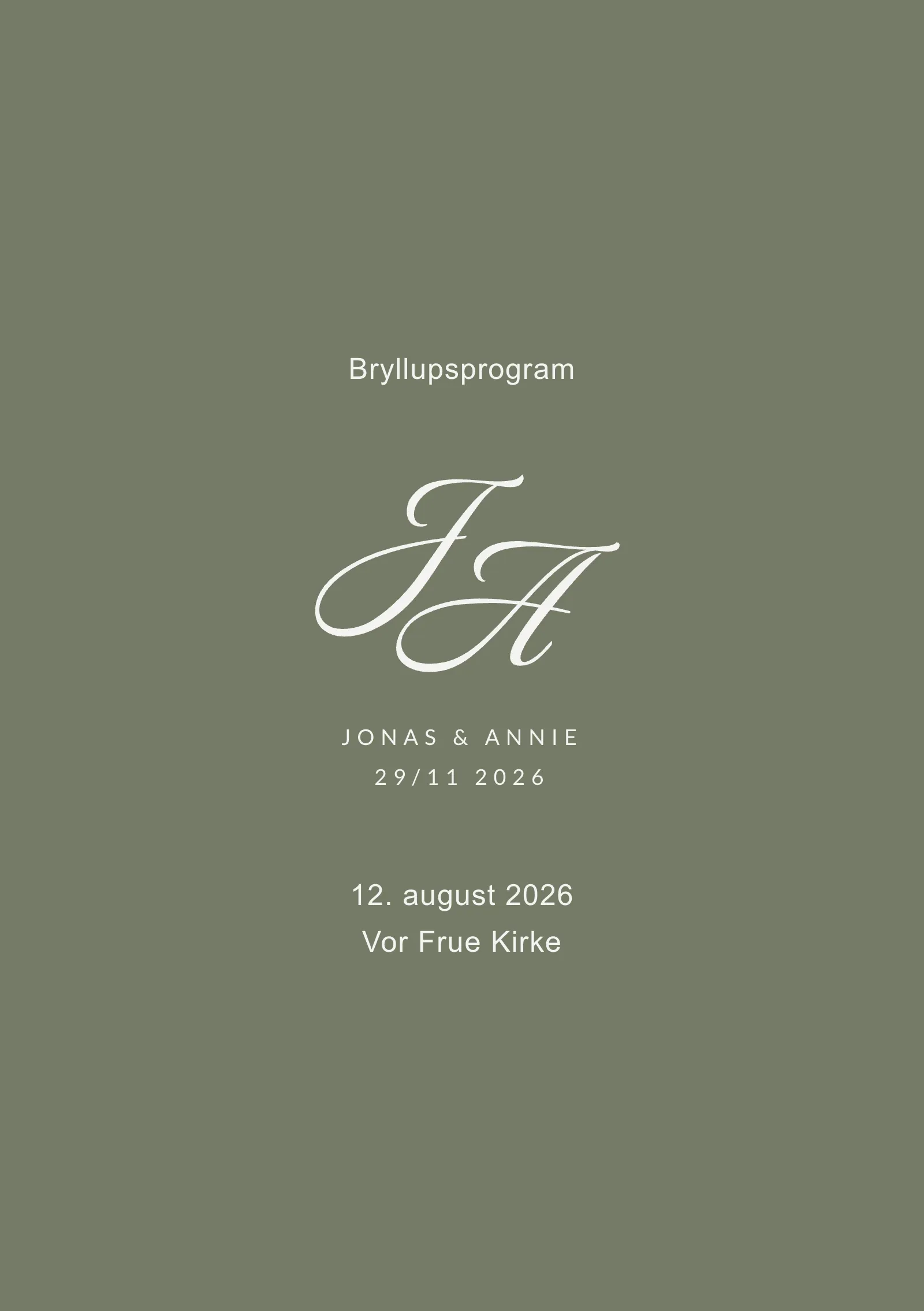 Bryllupsprogram - grønt med monogram