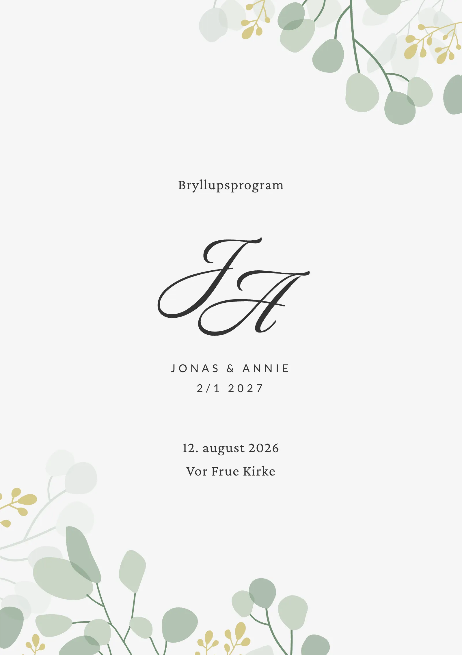 Bryllupsprogram - stilrent med monogram og smukke blade