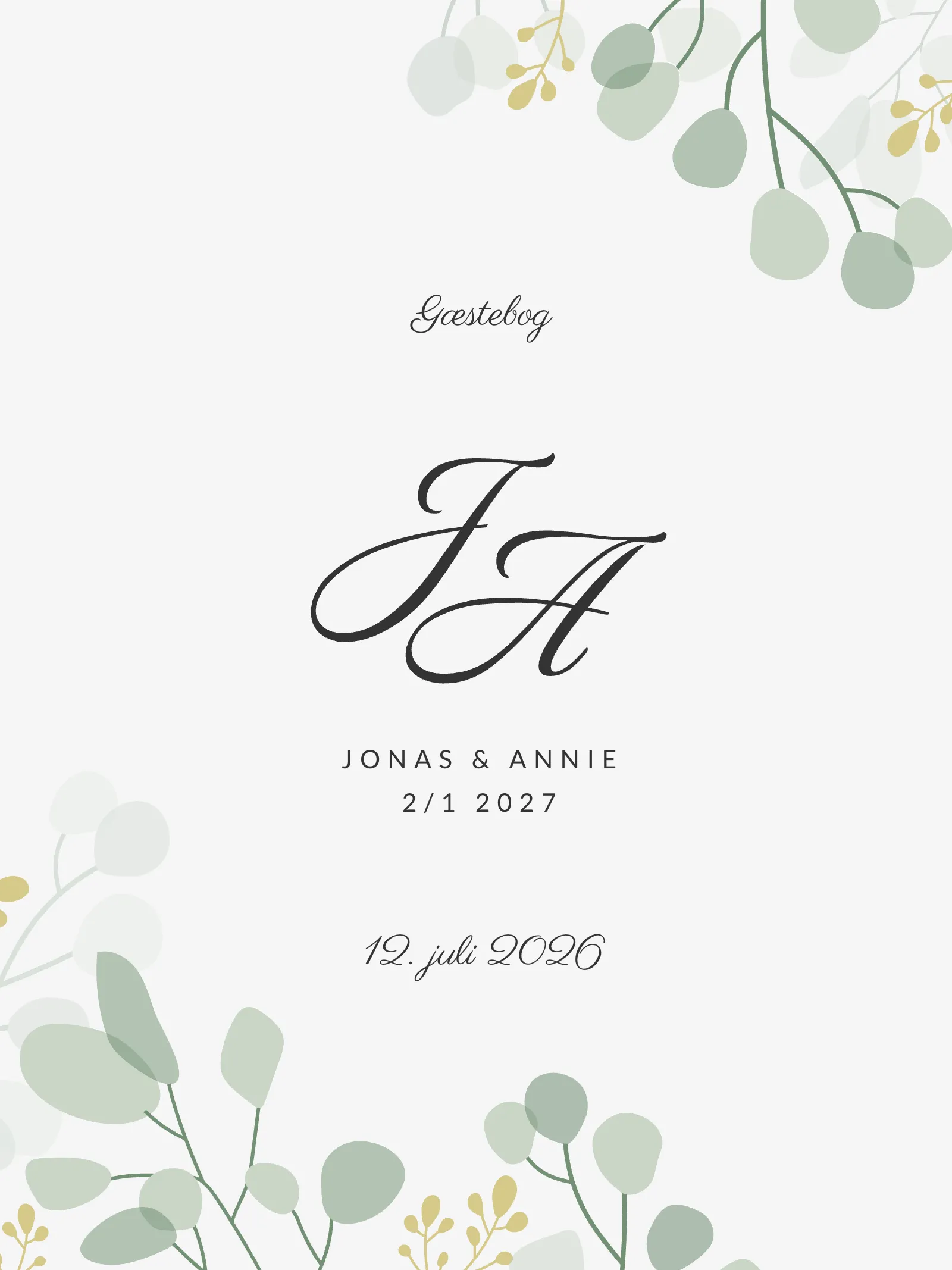 Gæstebog til bryllup - smukke blade med monogram