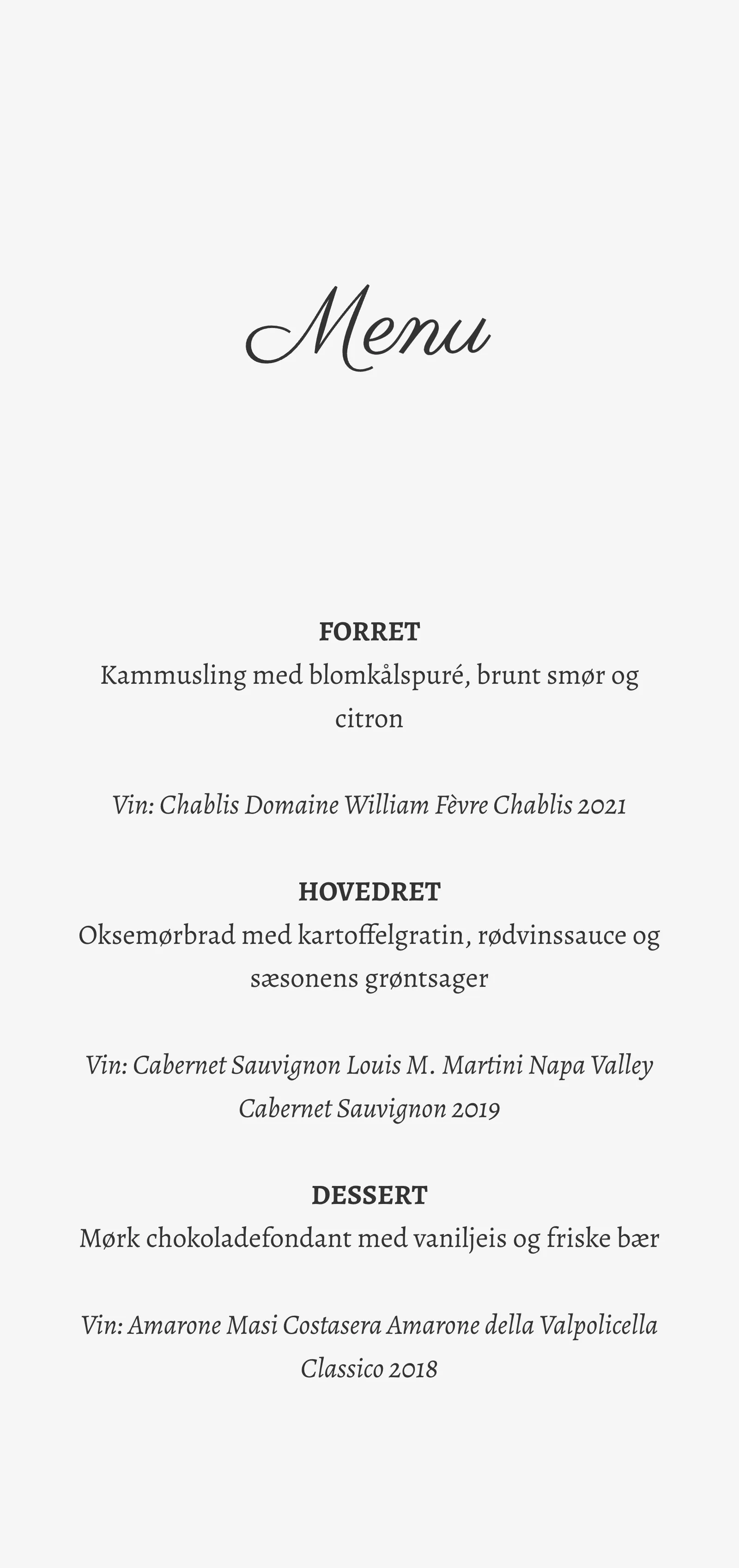 Menukort til bryllup - smukke blomster og smuk typografi