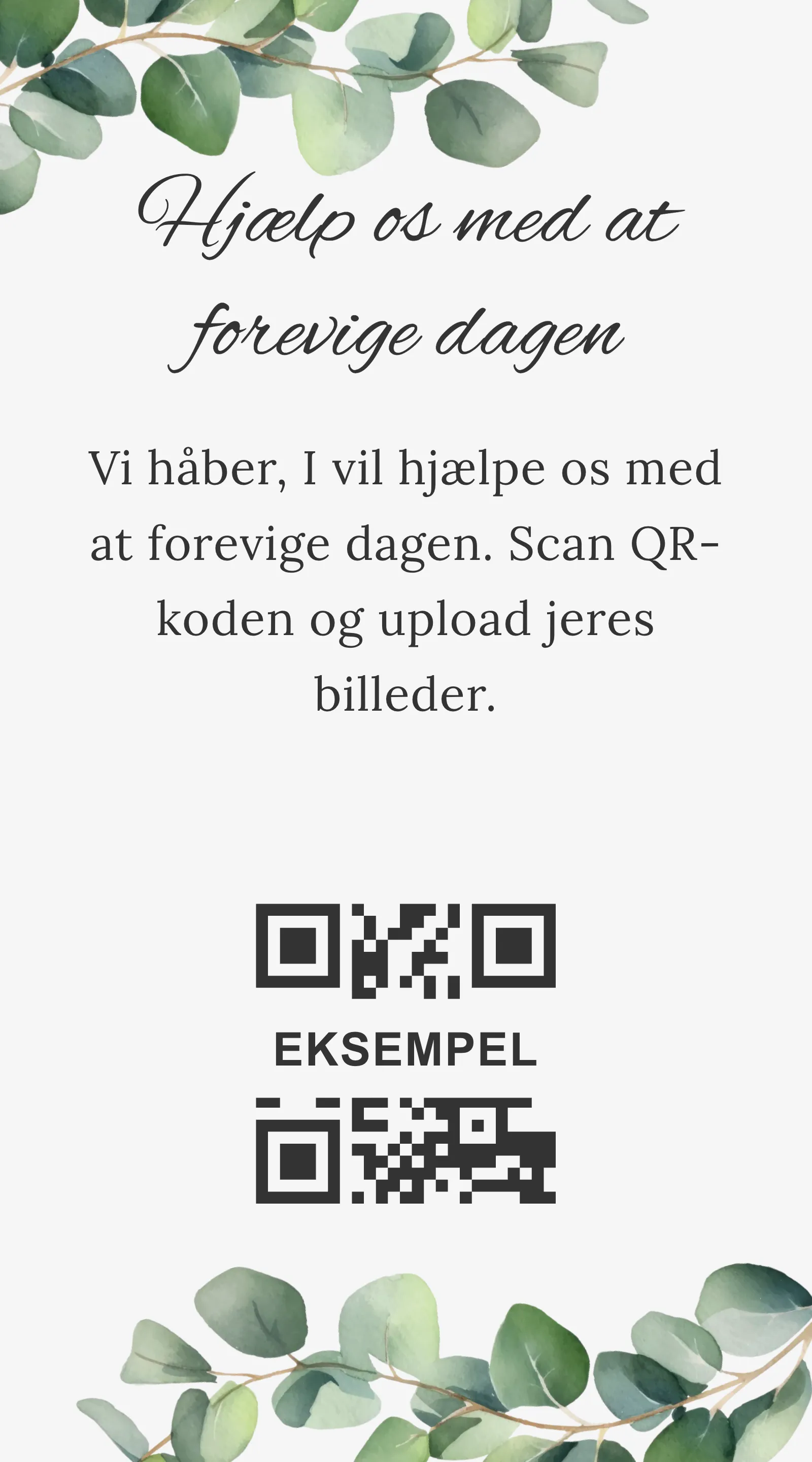 QR-kort til gæstebilleder - Stilrent og lyst med eukalyptusblade
