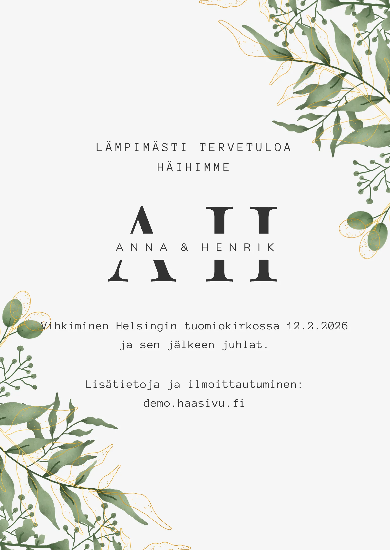 Hääkutsu - vihreät lehdet ja embleemi
