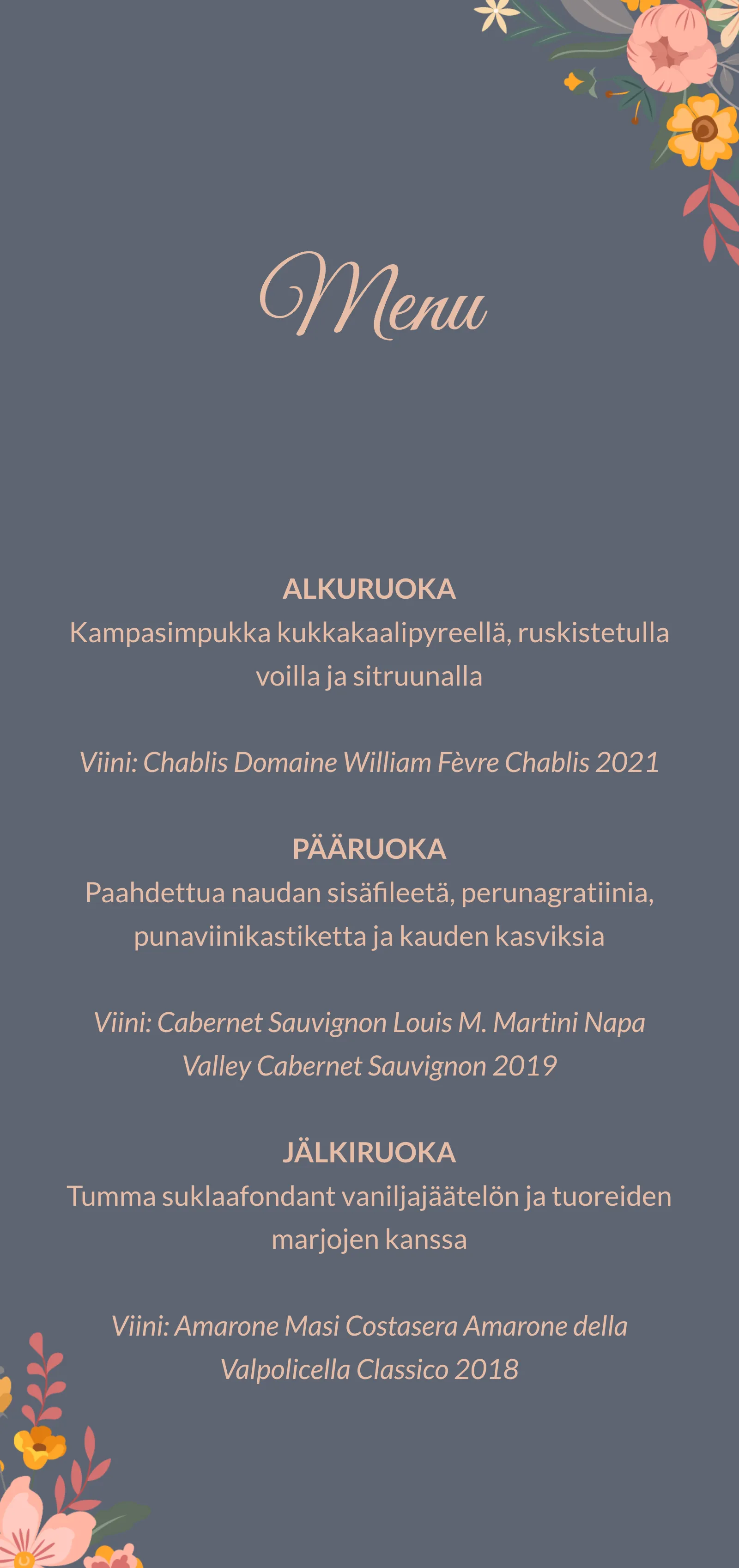 Häämenu - liila kauniilla kukilla