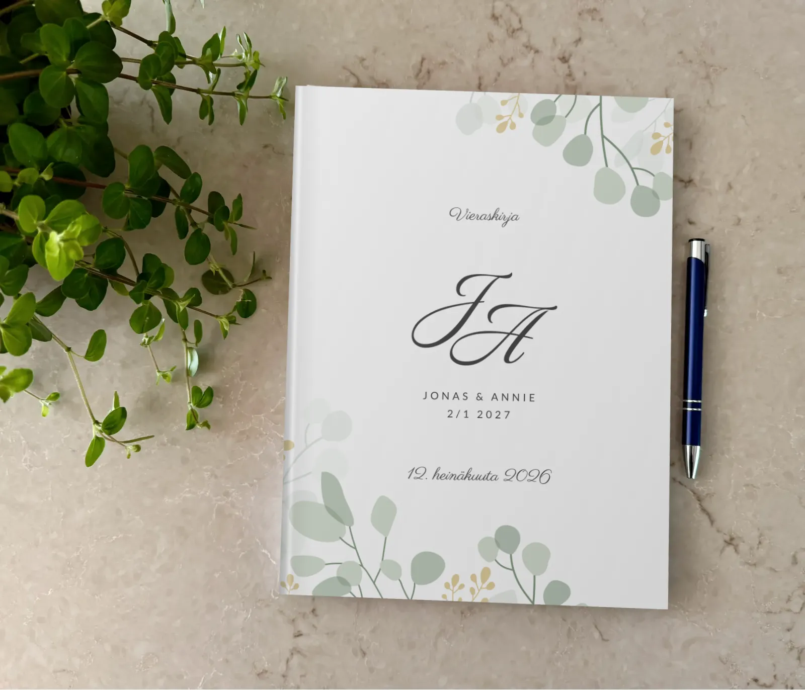 Häävieraskirja - kauniit lehdet ja monogrammi