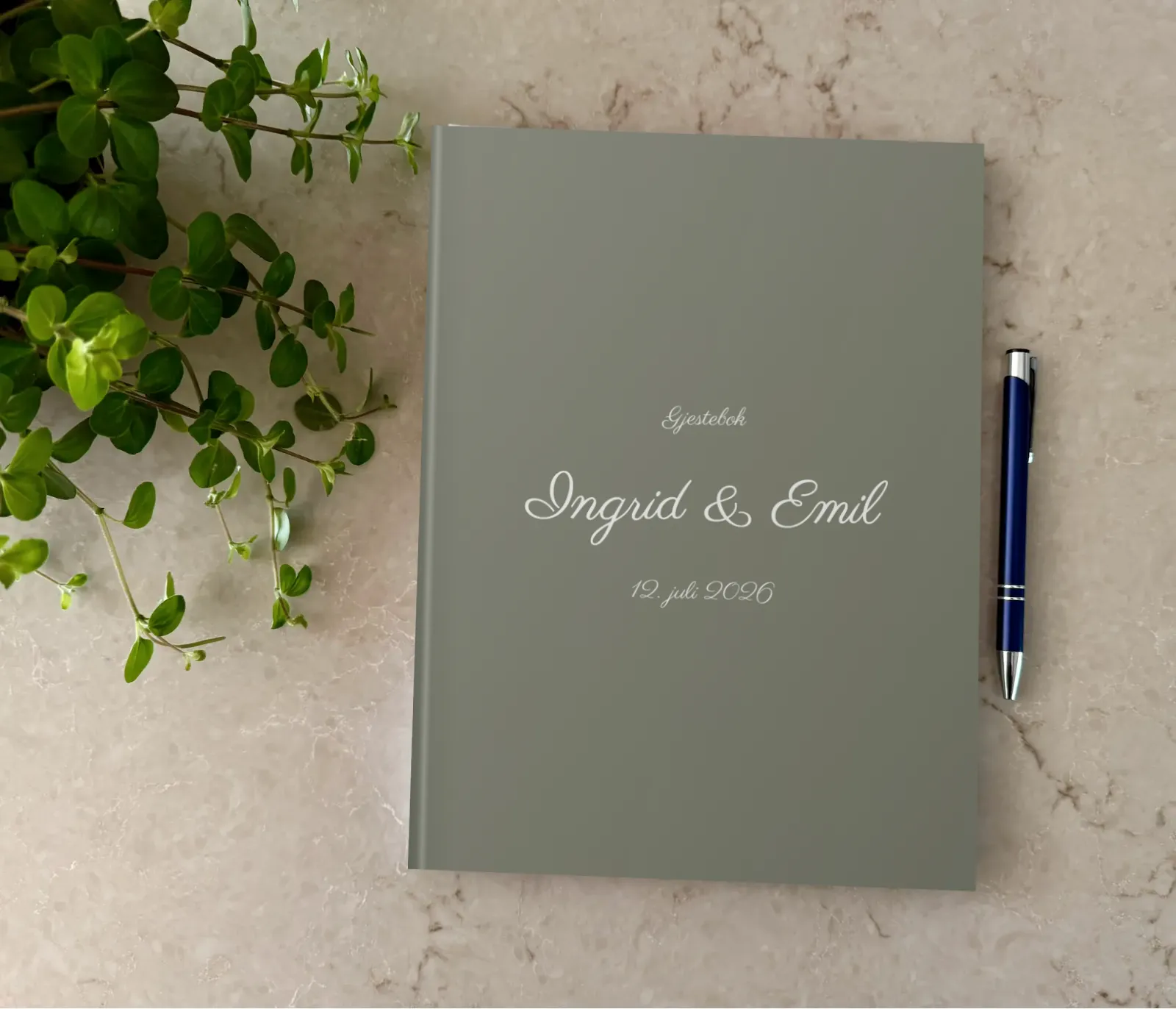 Gjestebok til bryllup - grønn med elegant typografi