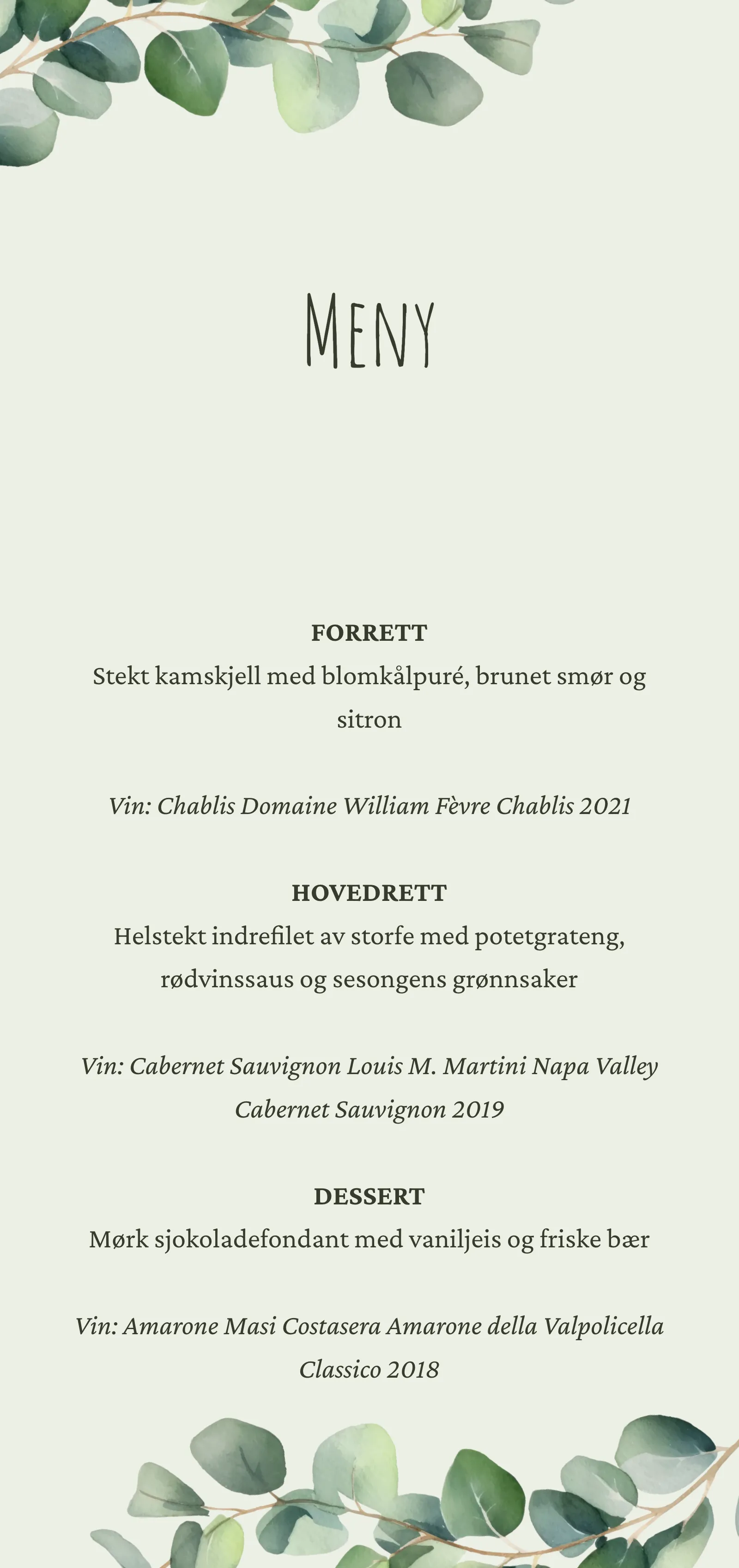 Menykort til bryllup - Eucalyptus