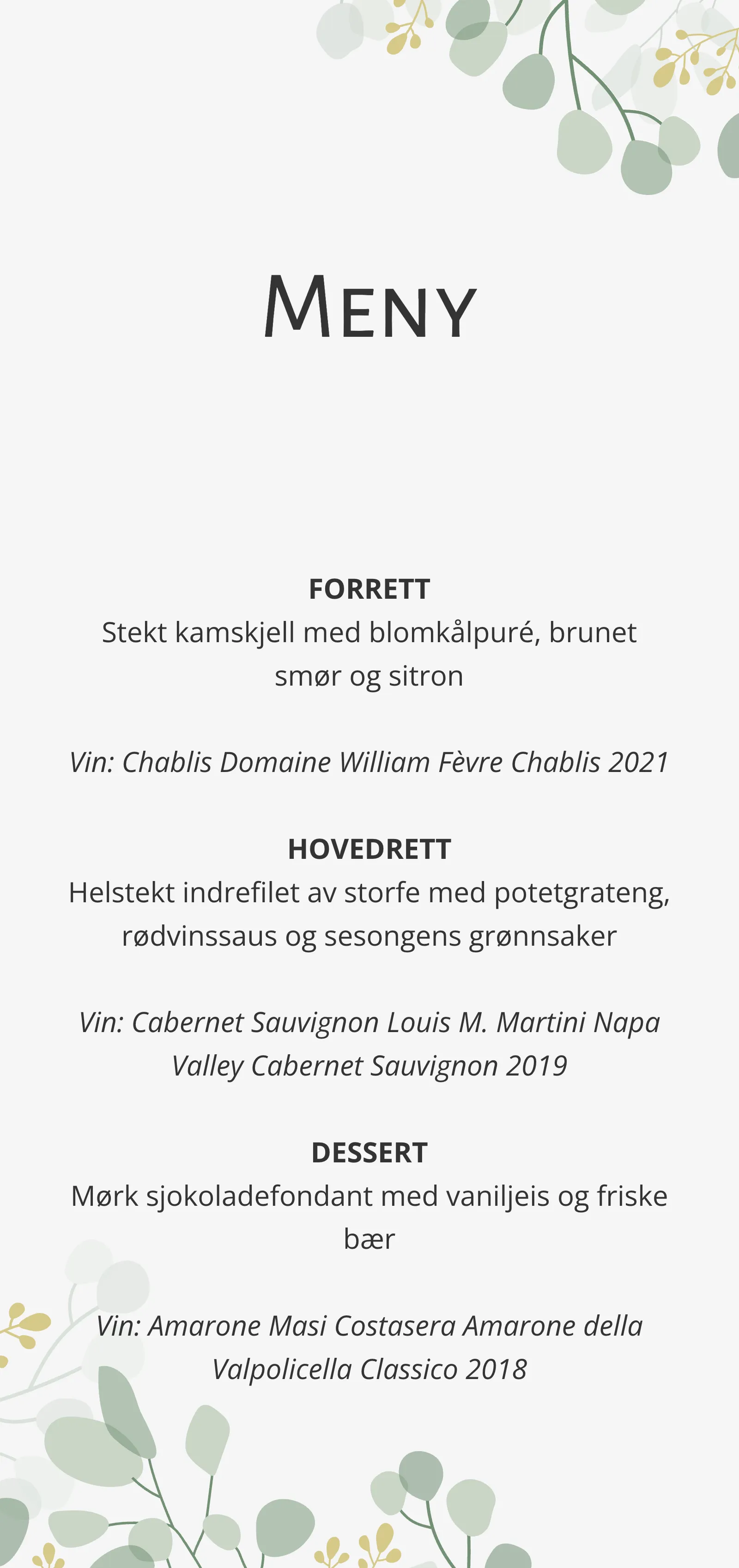 Menykort til bryllup - Meadow
