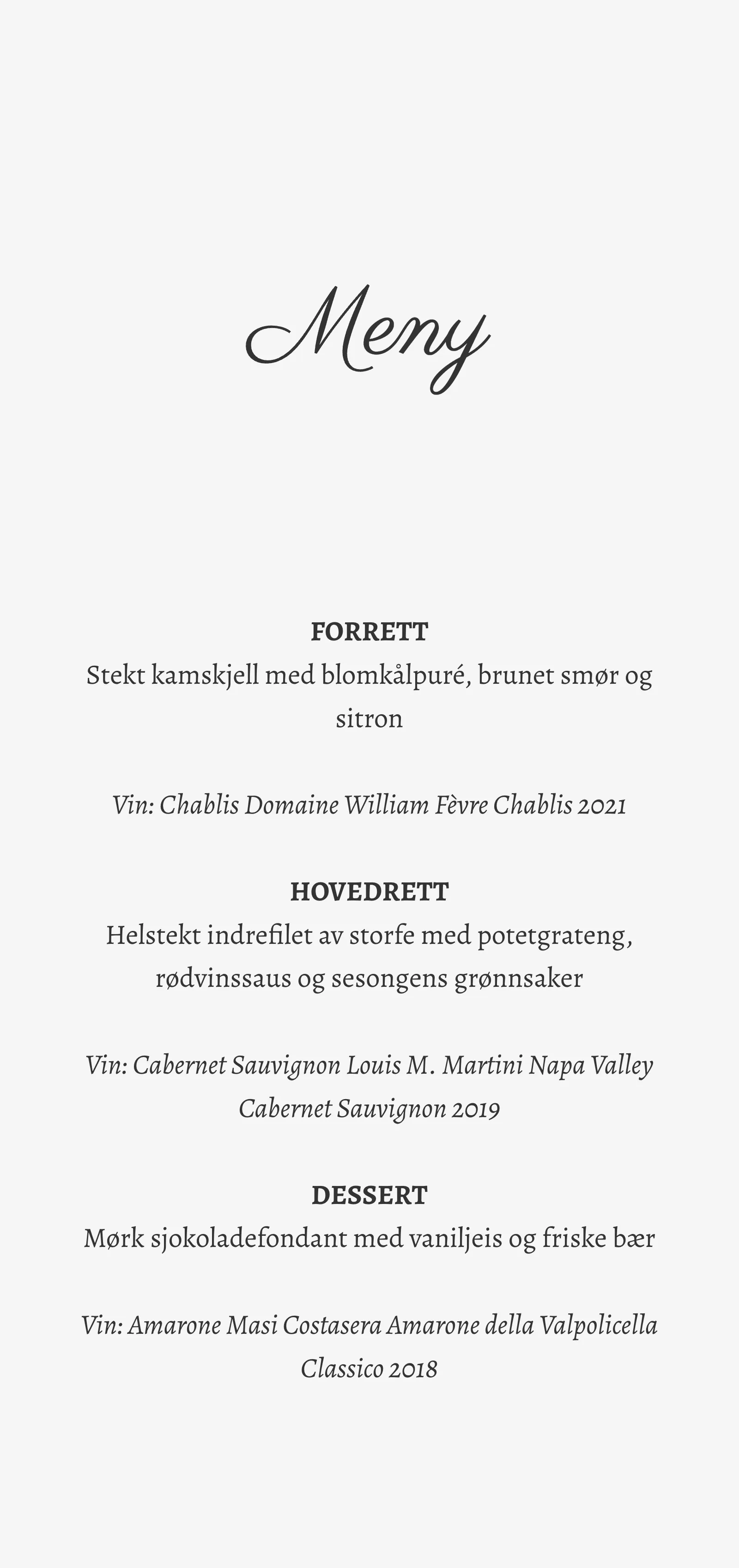 Menykort til bryllup - vakre blomster og typografi