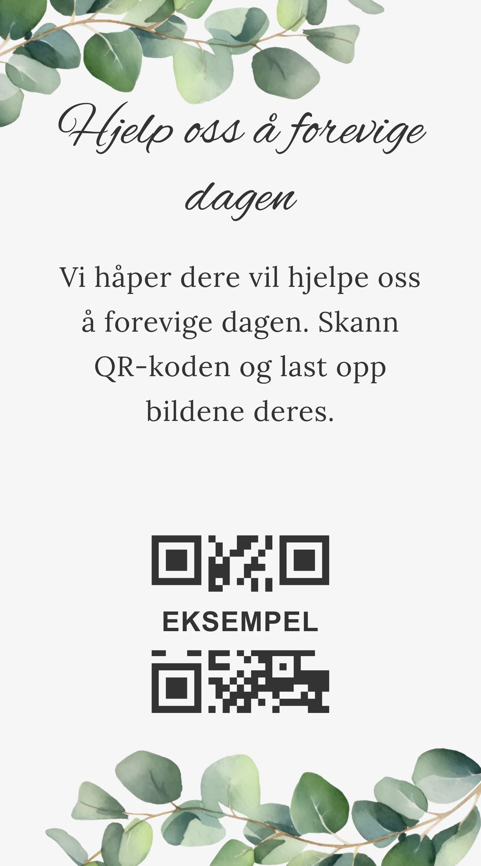 QR-kort for gjestebilder - Stilrent og lyst med eukalyptusblader