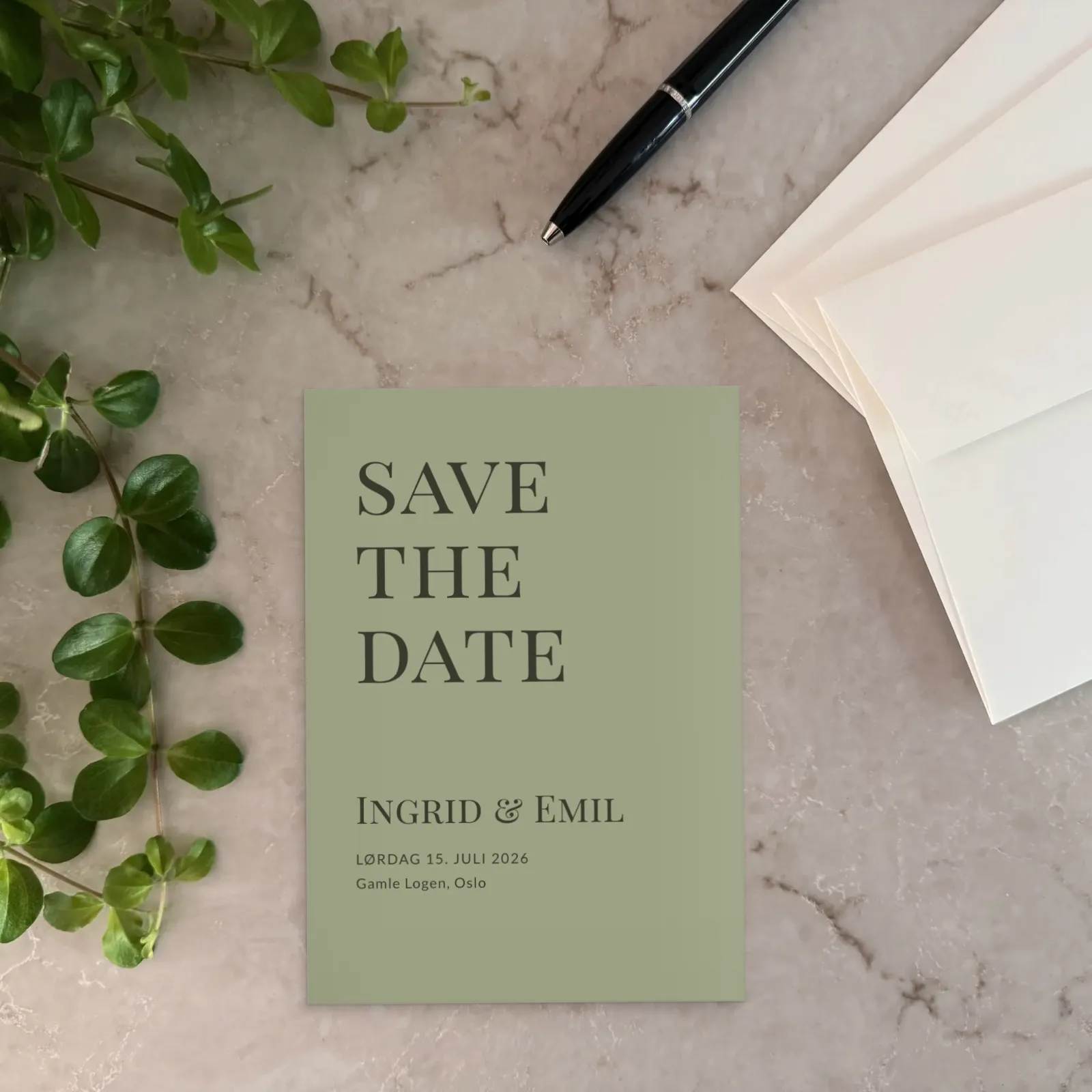 Save the date-kort - Stilrent grønt