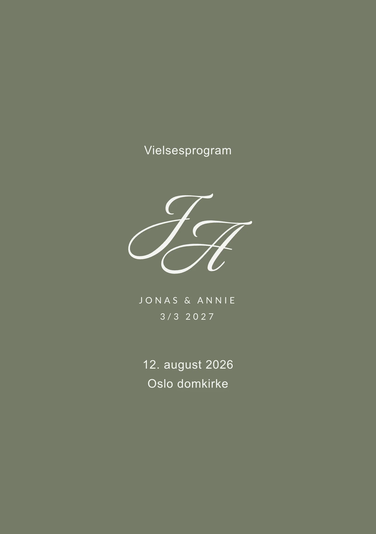 Vielsesprogram til bryllup - grønt med monogram