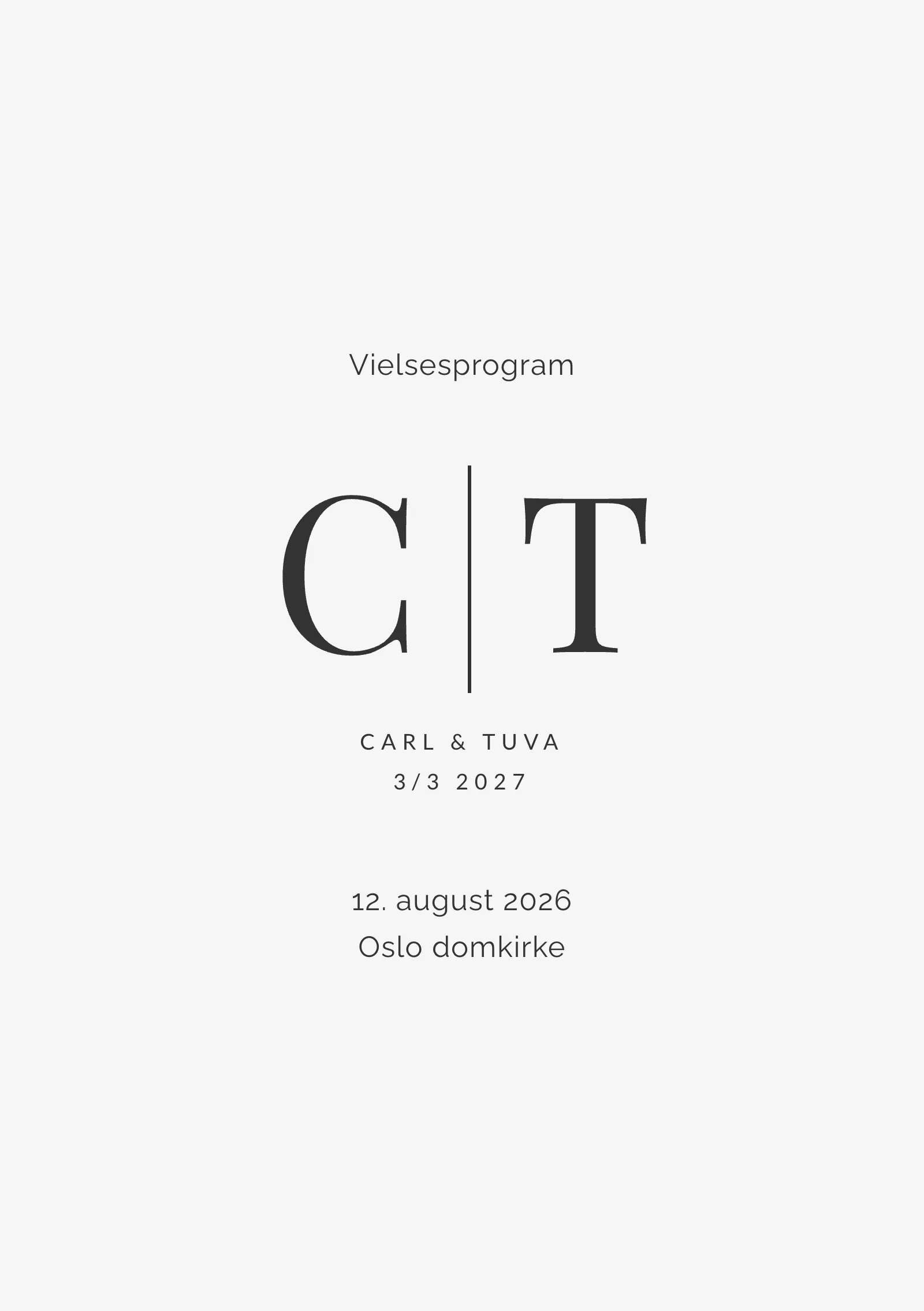 Vielsesprogram til bryllup - stilrent med monogram