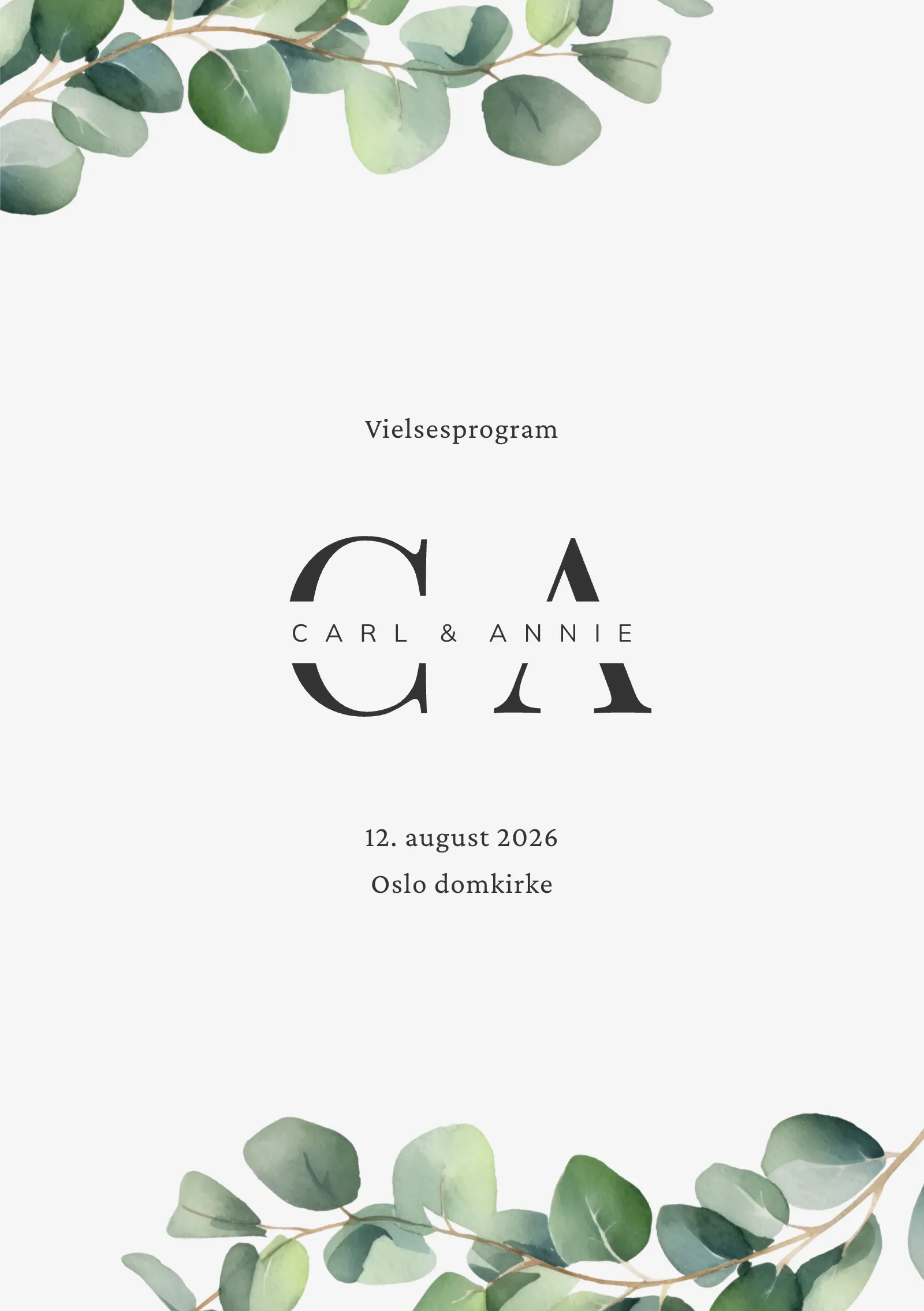Vielsesprogram til bryllup - stilrent med monogram og eukalyptusblader