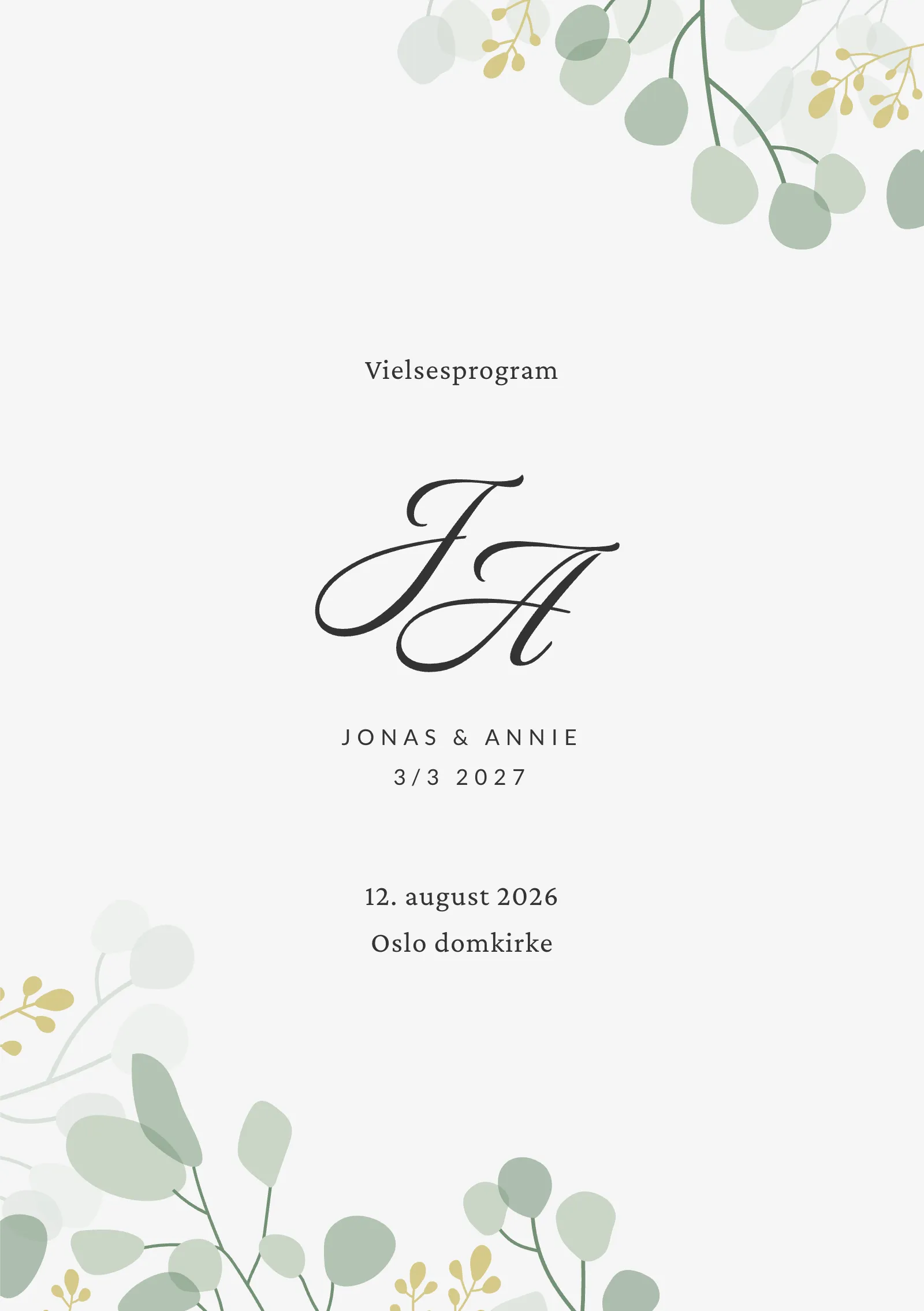 Vielsesprogram til bryllup - stilrent med monogram og vakre blader