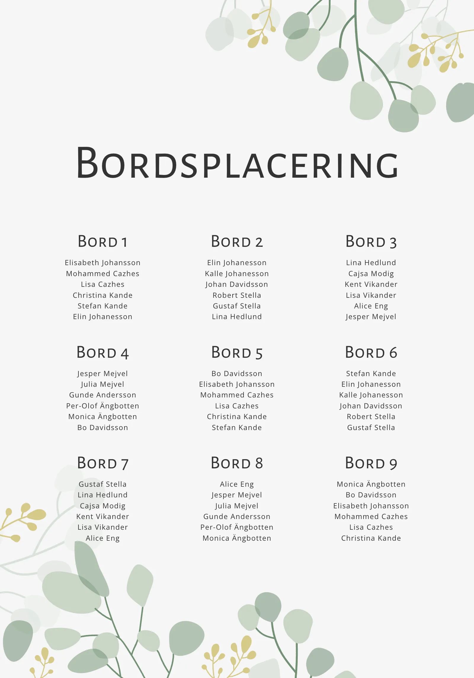 Bordsplaceringsskylt med bord och gästnamn till bröllop