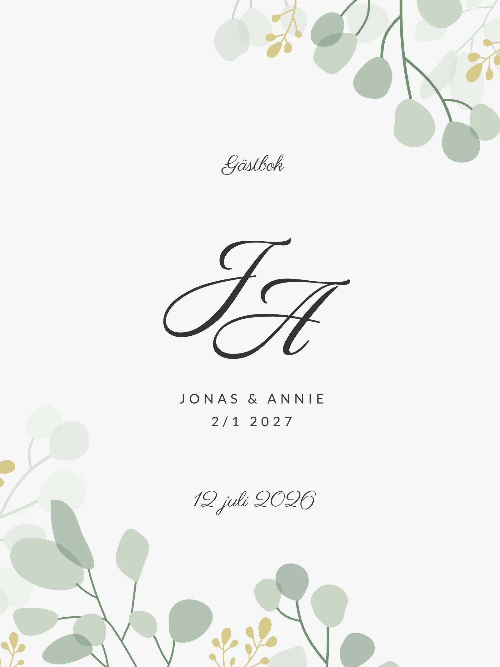 Gästbok bröllop - vackra blad med monogram