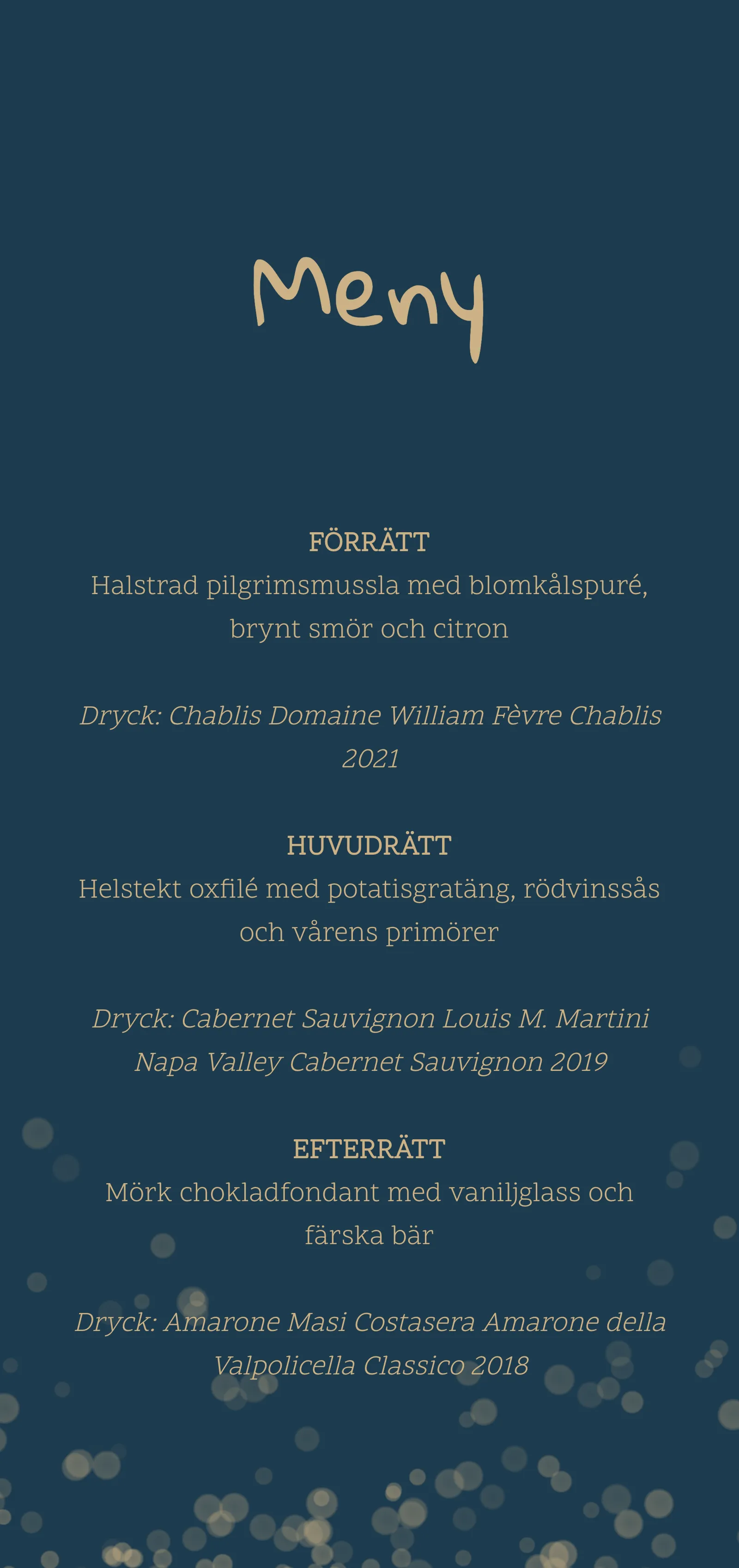 Menykort till bröllop - Afterglow