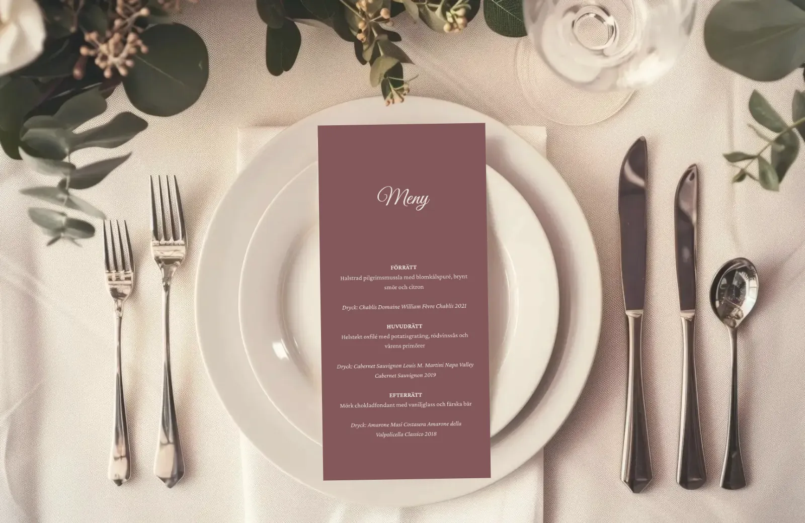 Menykort till bröllop - Blush