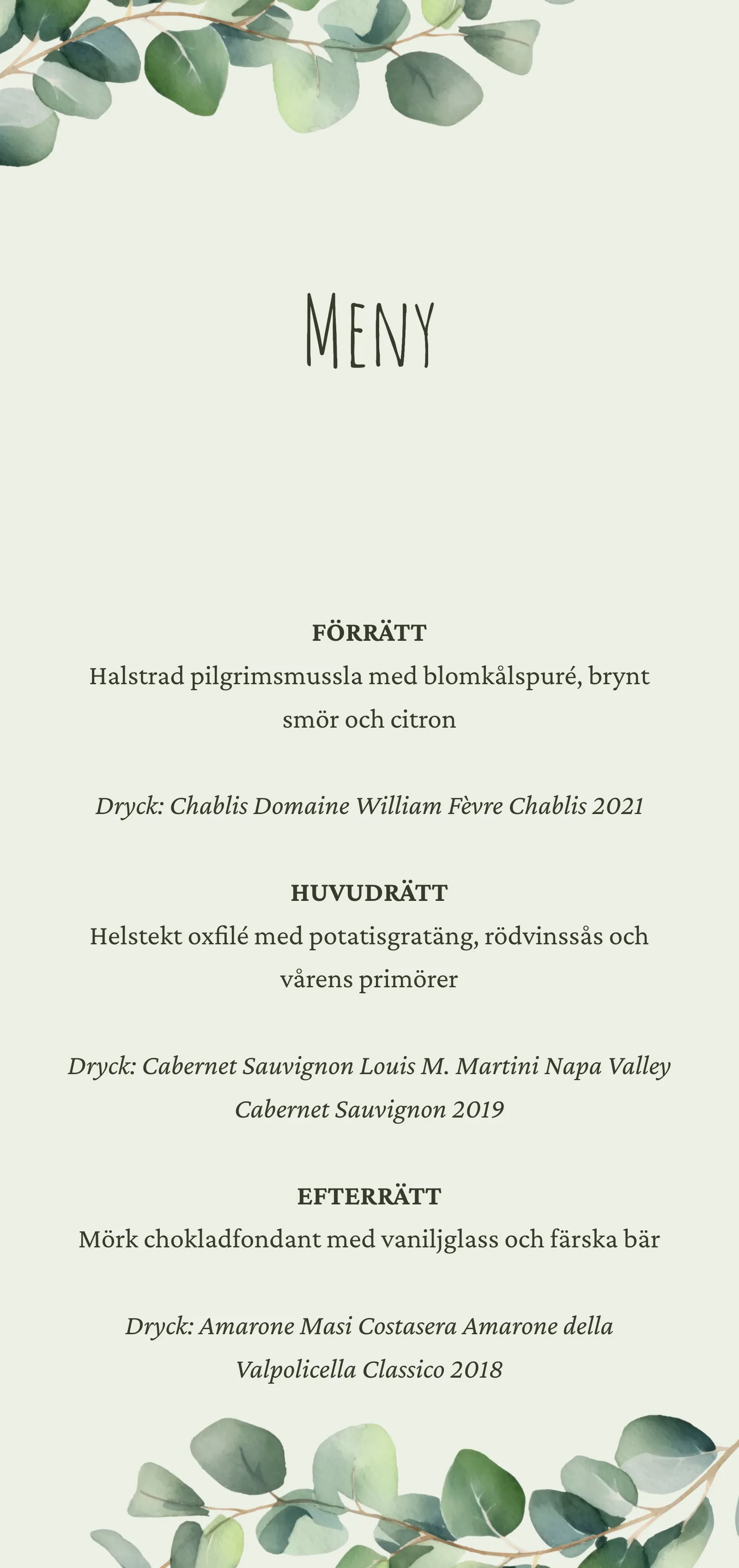 Menykort till bröllop - Eucalyptus