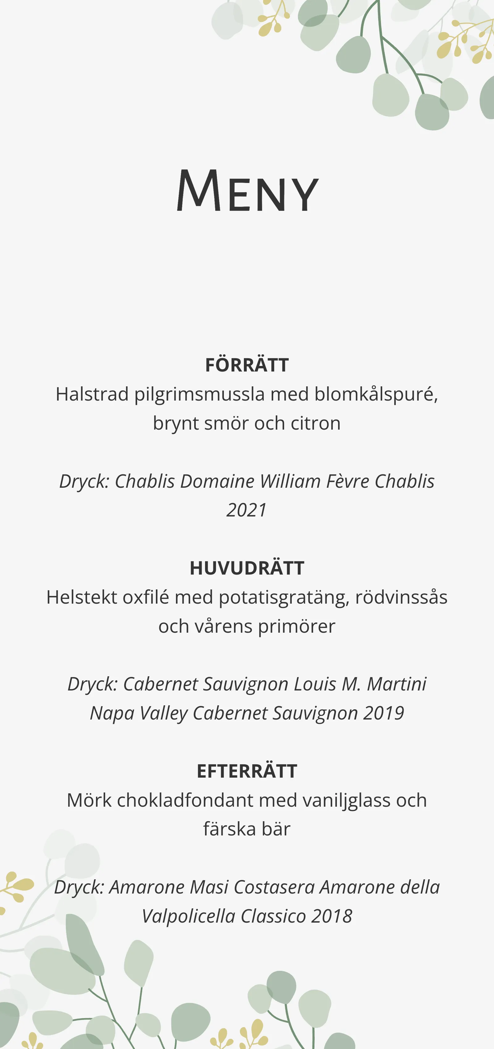 Menykort till bröllop - Meadow