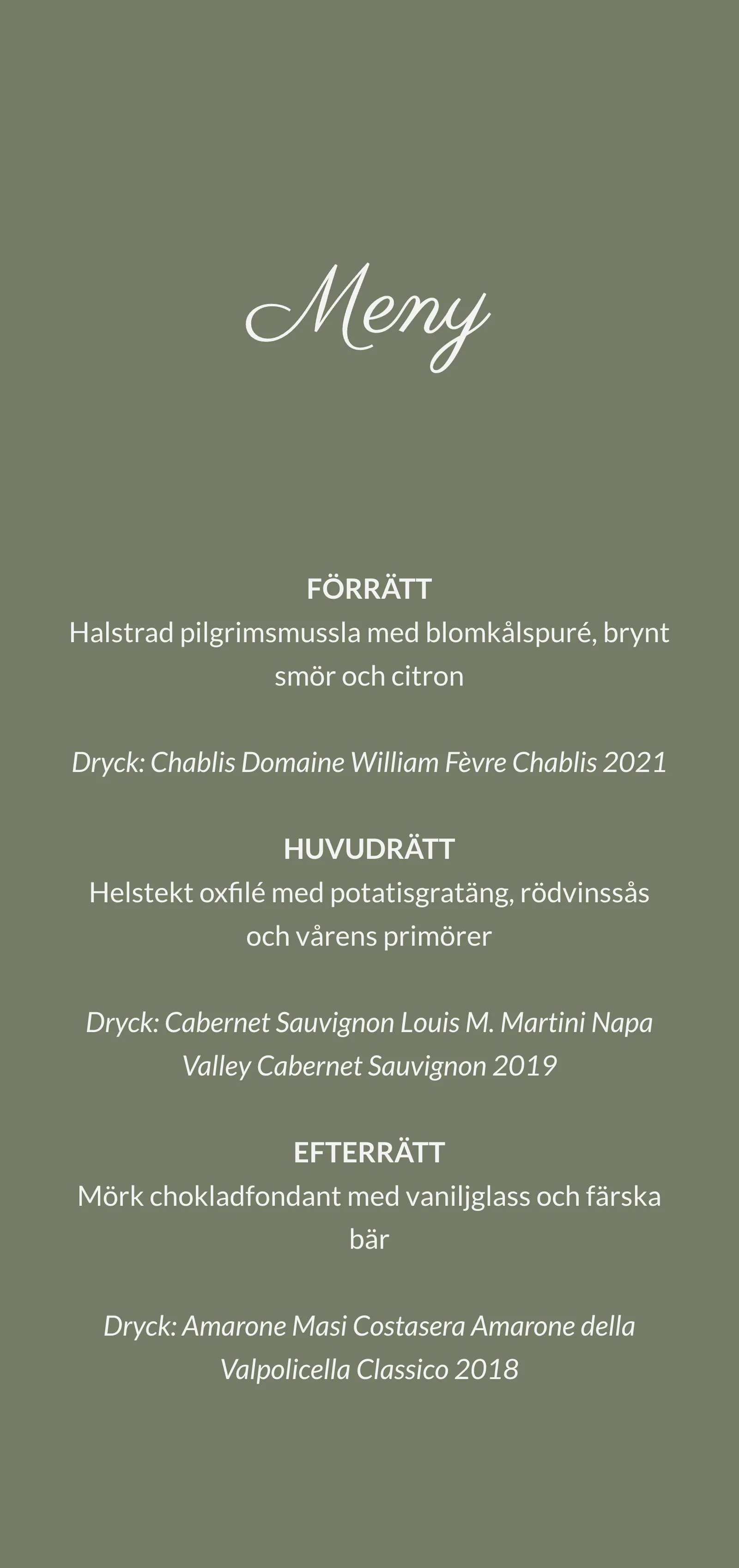 Menykort till bröllop - Moss