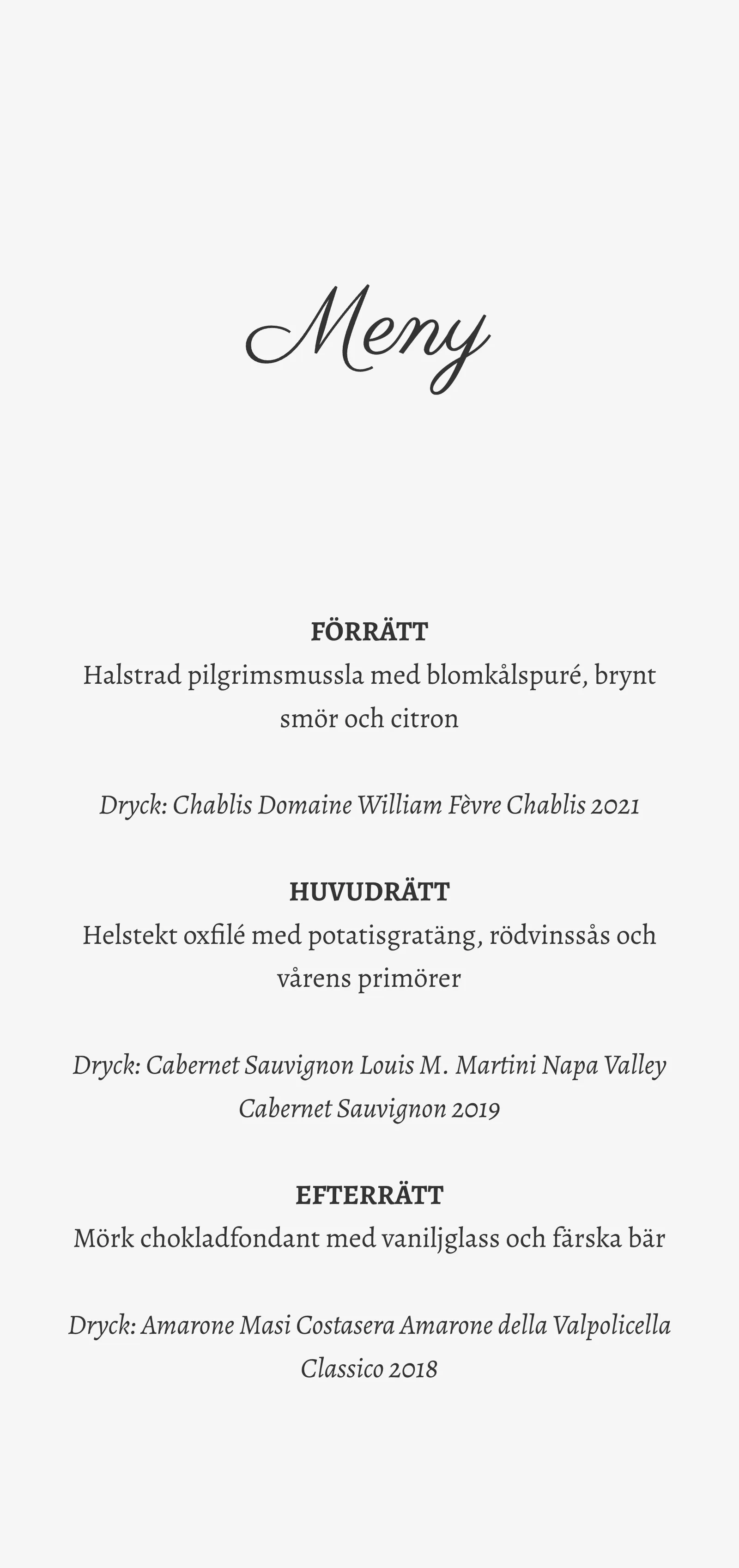 Menykort till bröllop - vackra blommor och typografi