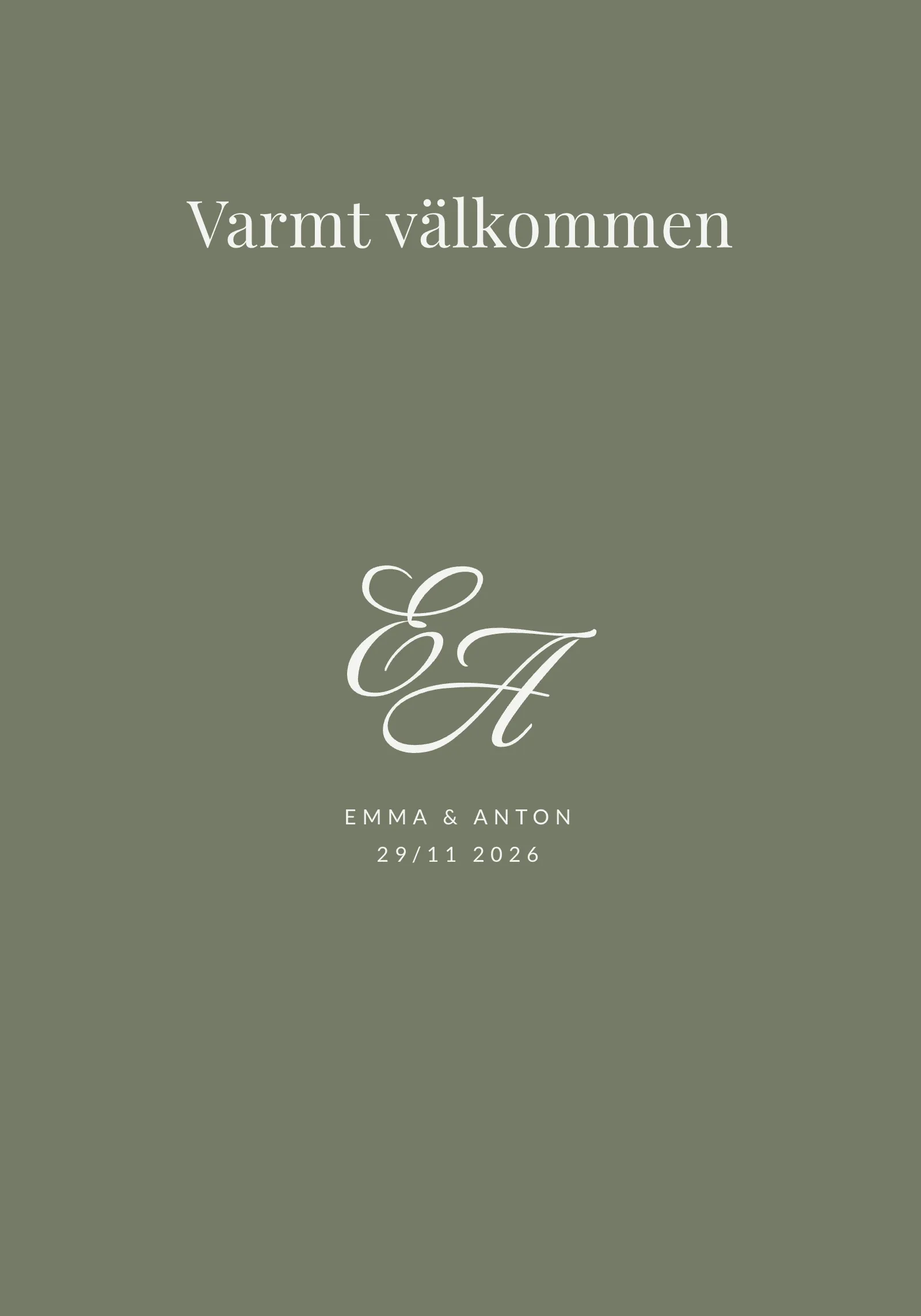 Välkomstskylt till bröllop - Stilren grön skylt med elegant monogram