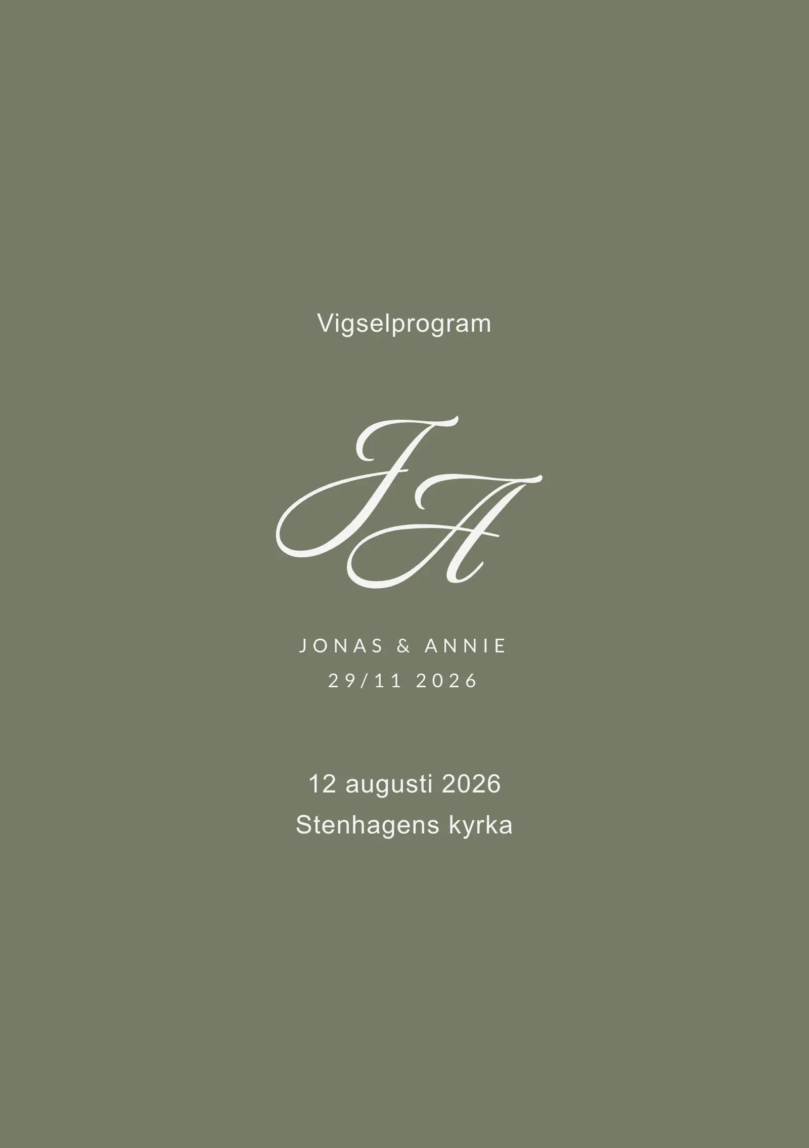 Vigselprogram till bröllop - grönt med monogram