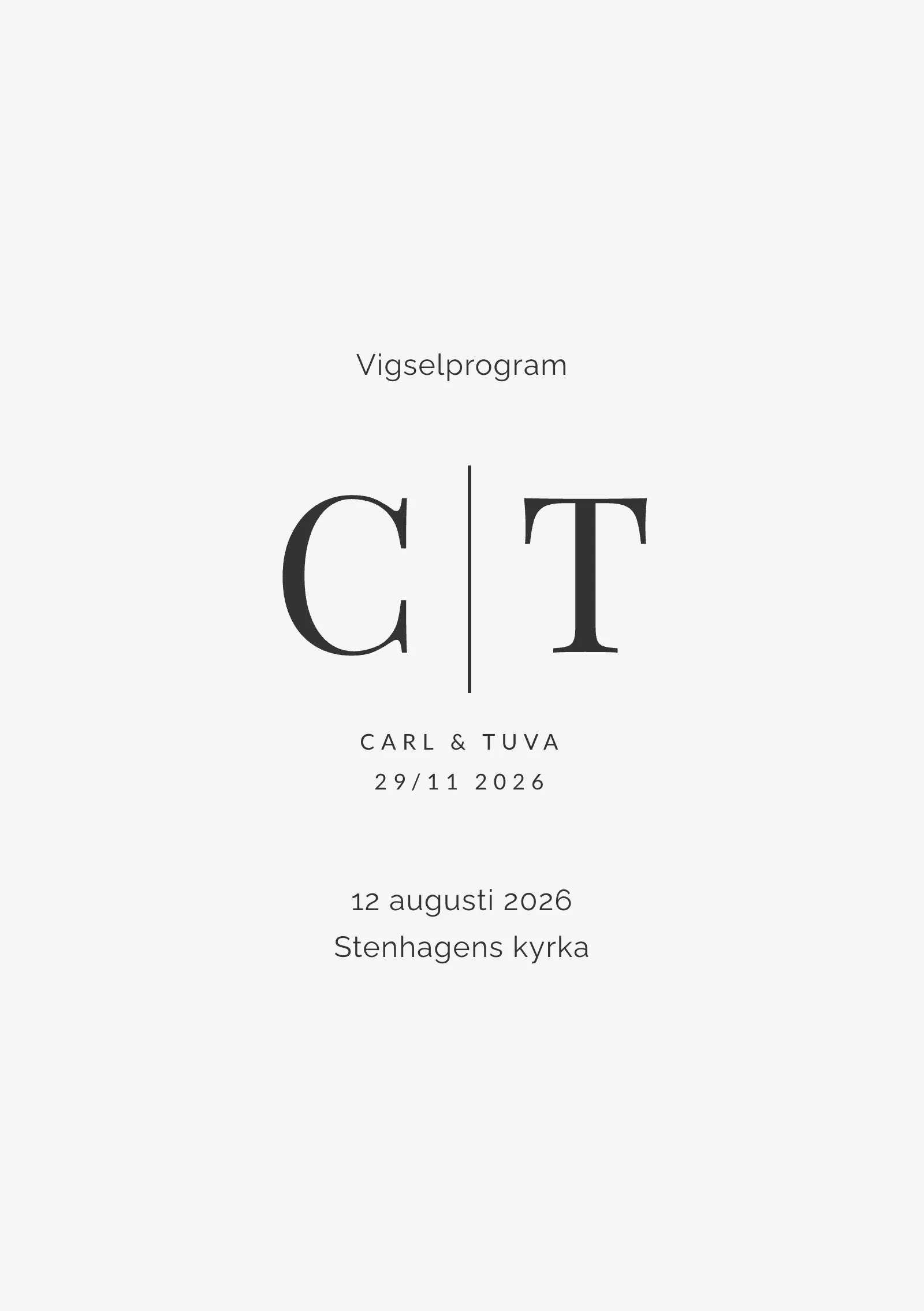 Vigselprogram till bröllop - stilrent med monogram