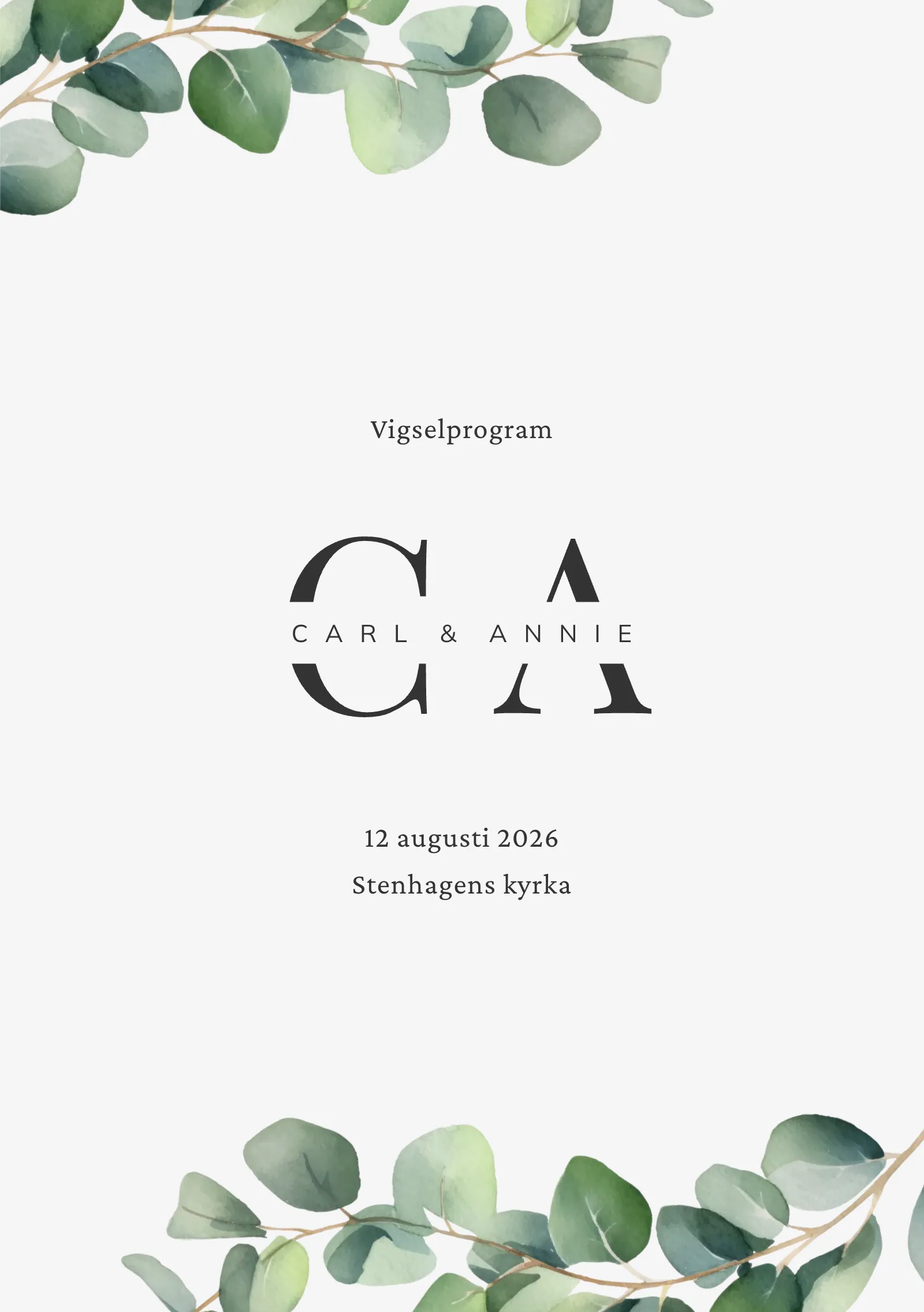 Vigselprogram till bröllop - stilrent med monogram och eucalyptusblad